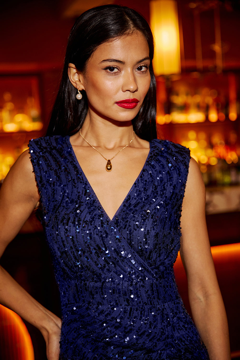Yumi Navy Sequin Fitted Wrap Dress With Split Hem | Yumi Yumi Navy Sequin Fitted Wrap Dress With Split Hem | Yumi