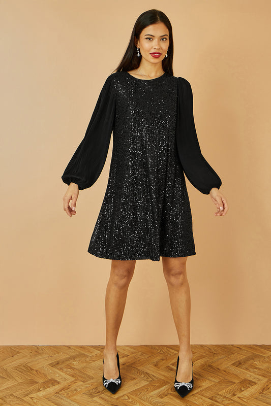Yumi Black Velvet Sequin Tunic With Long Pleated Sleeves Dress Party Yumi