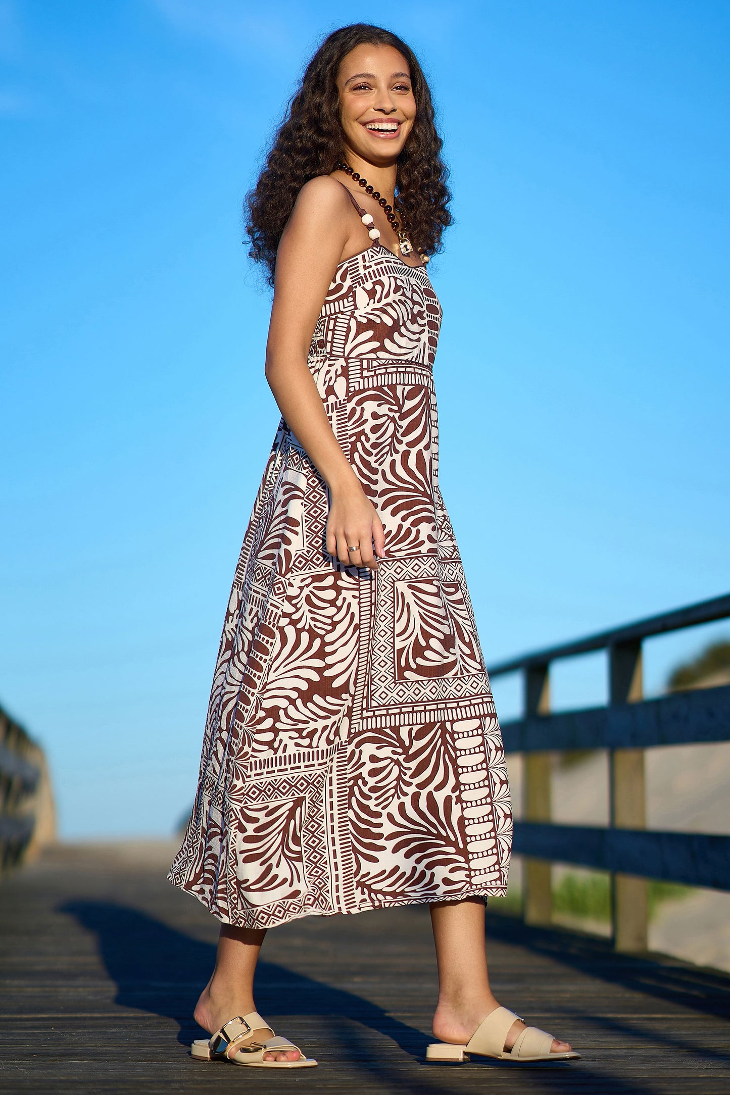Yumi Brown Tile Print Maxi Dress With Bead Details Beachwear Yumi