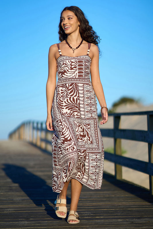 Yumi Brown Tile Print Maxi Dress With Bead Details Beachwear Yumi