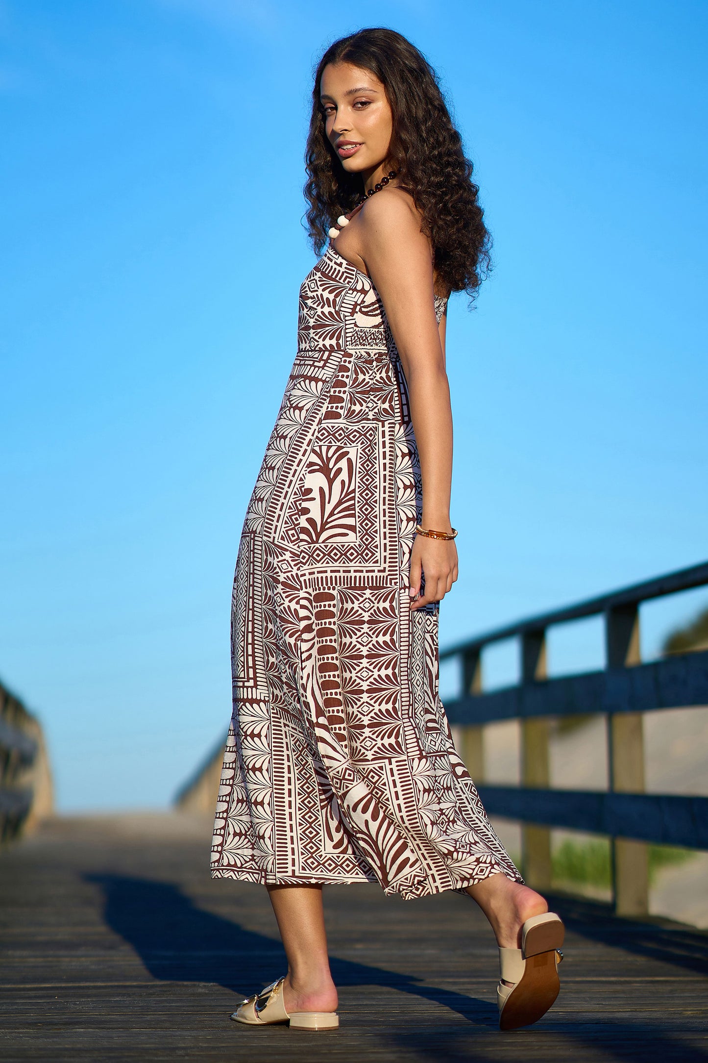 Yumi Brown Tile Print Maxi Dress With Bead Details Beachwear Yumi