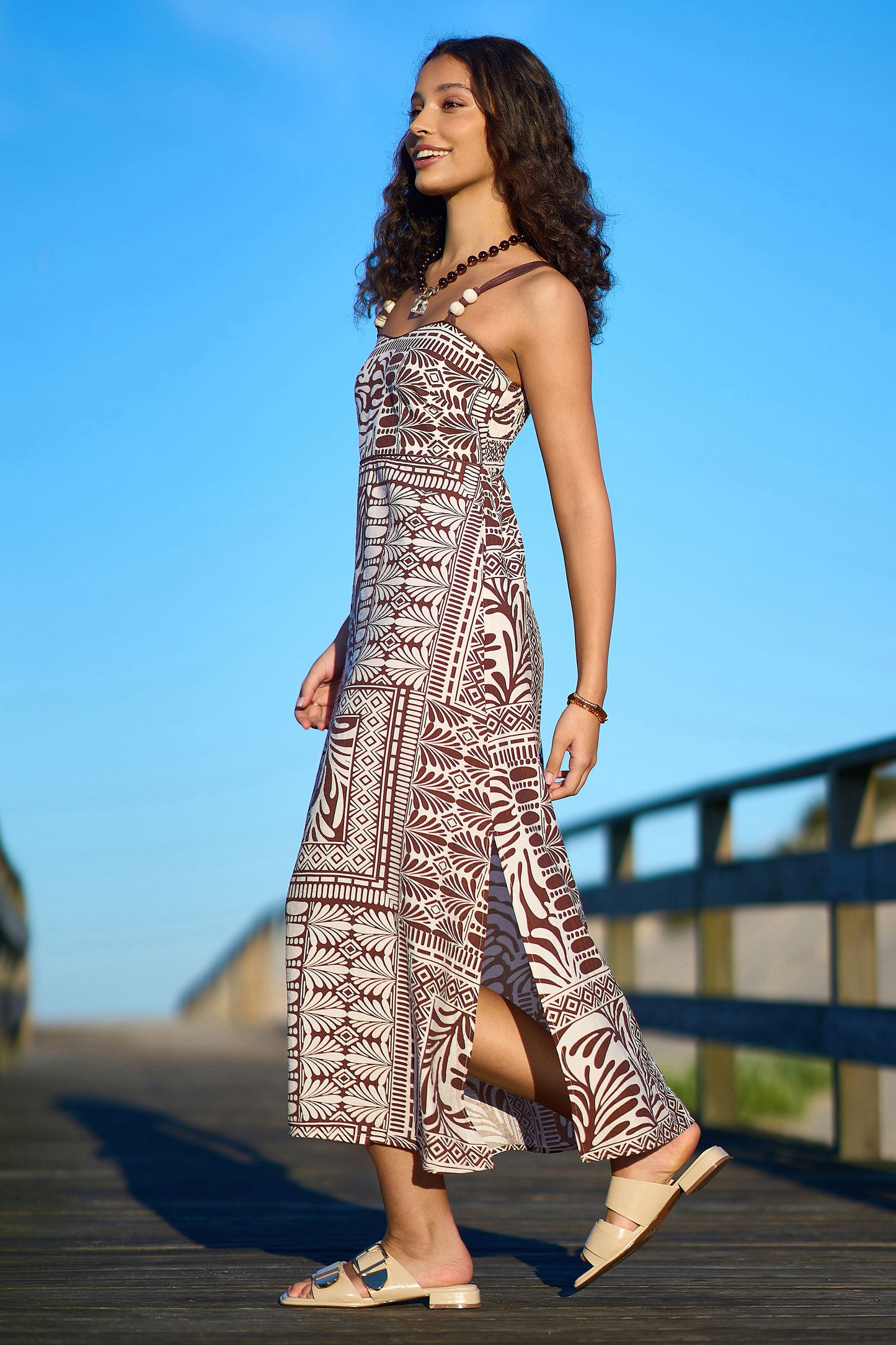 Yumi Brown Tile Print Maxi Dress With Bead Details Beachwear Yumi