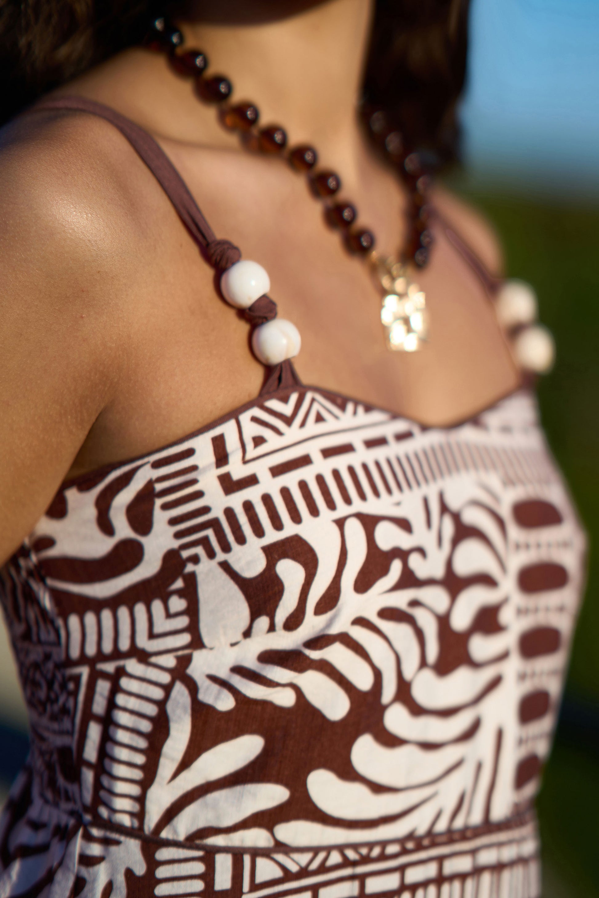 Yumi Brown Tile Print Maxi Dress With Bead Details Beachwear Yumi