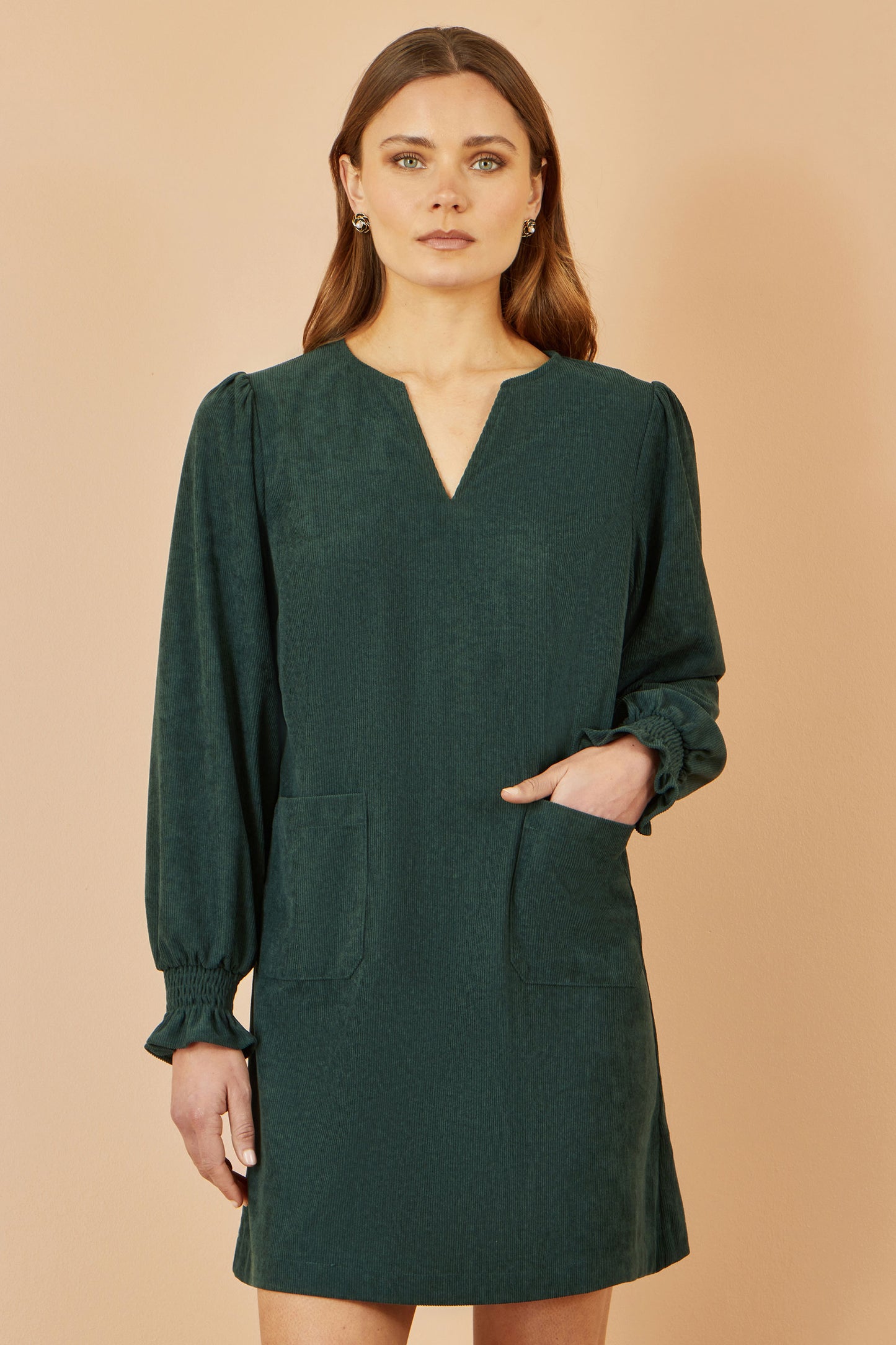 Yumi Green Cord Tunic With Ruched Sleeve Dress Casual Yumi