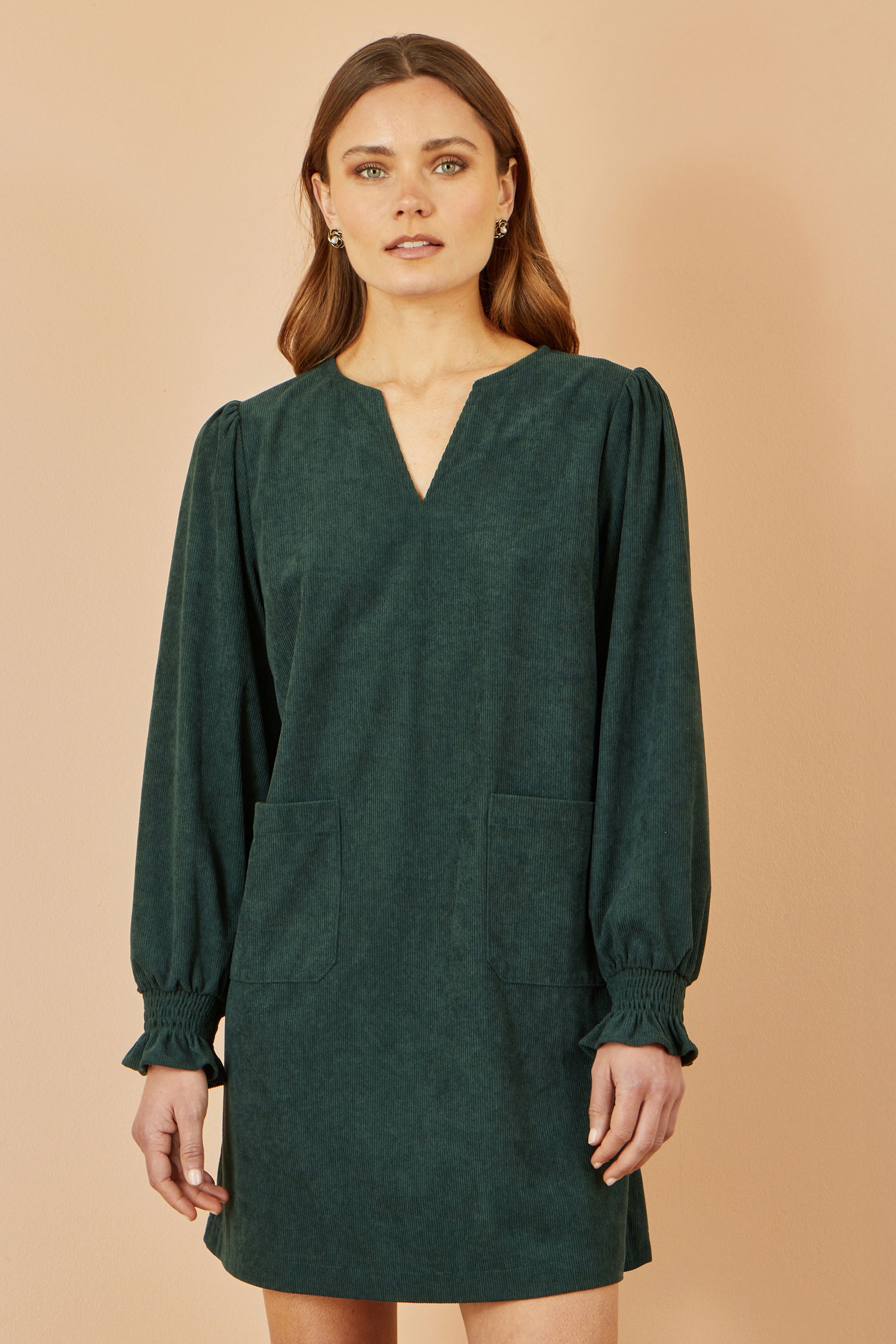 Yumi Green Cord Tunic With Ruched Sleeve Dress Casual Yumi