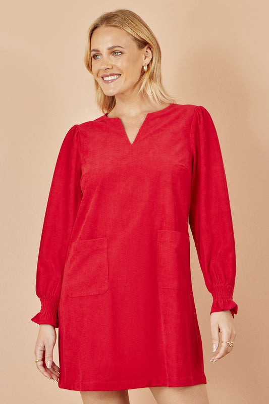 Yumi Red Cord Tunic With Ruched Sleeve Dress Casual Yumi