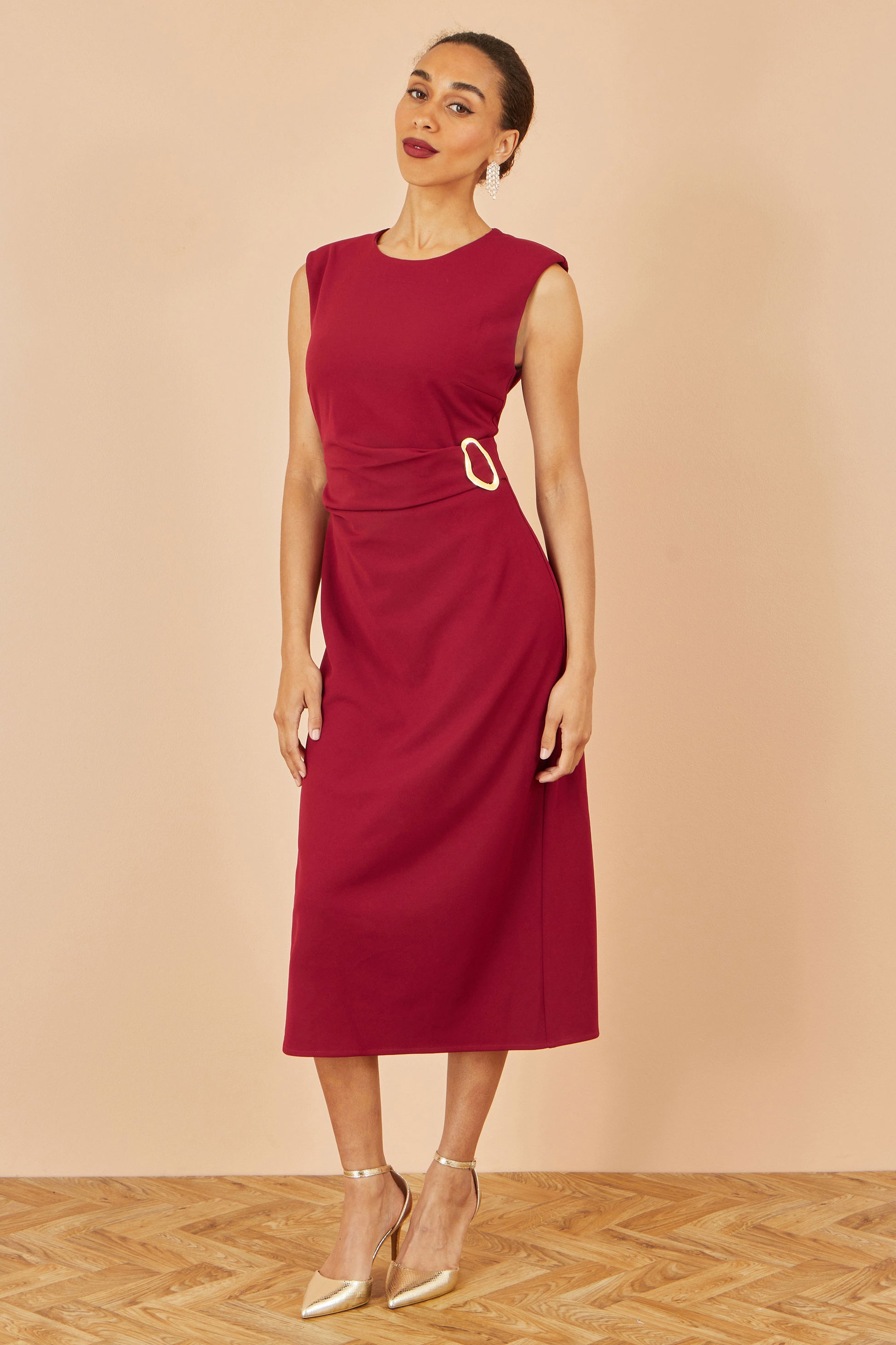 Yumi Burgundy Buckle Detail Ruched Dress Dress Casual Yumi