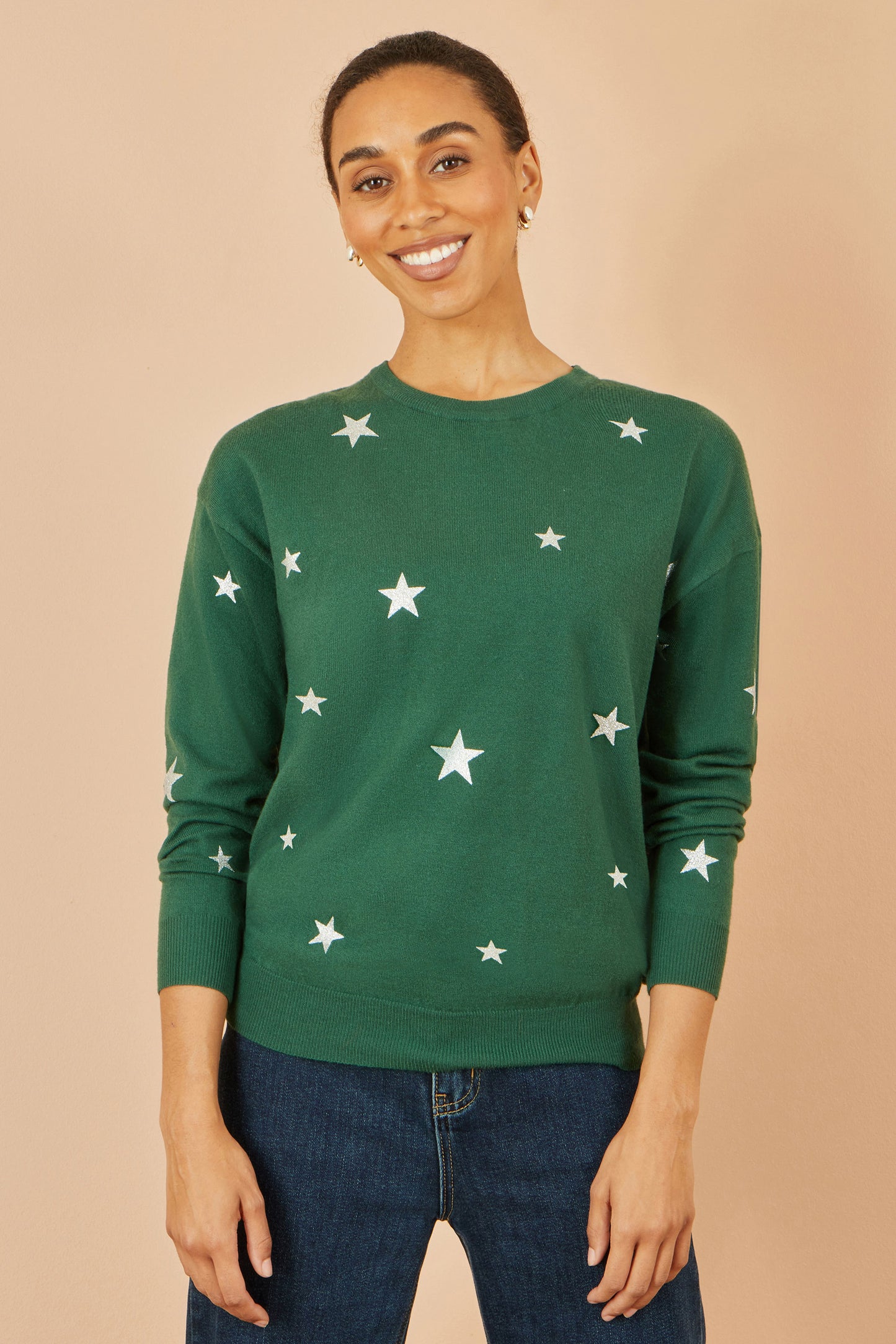 Yumi Green Gold Foil Star Print Relaxed Fit Jumper Knit Xmas Jumper Yumi