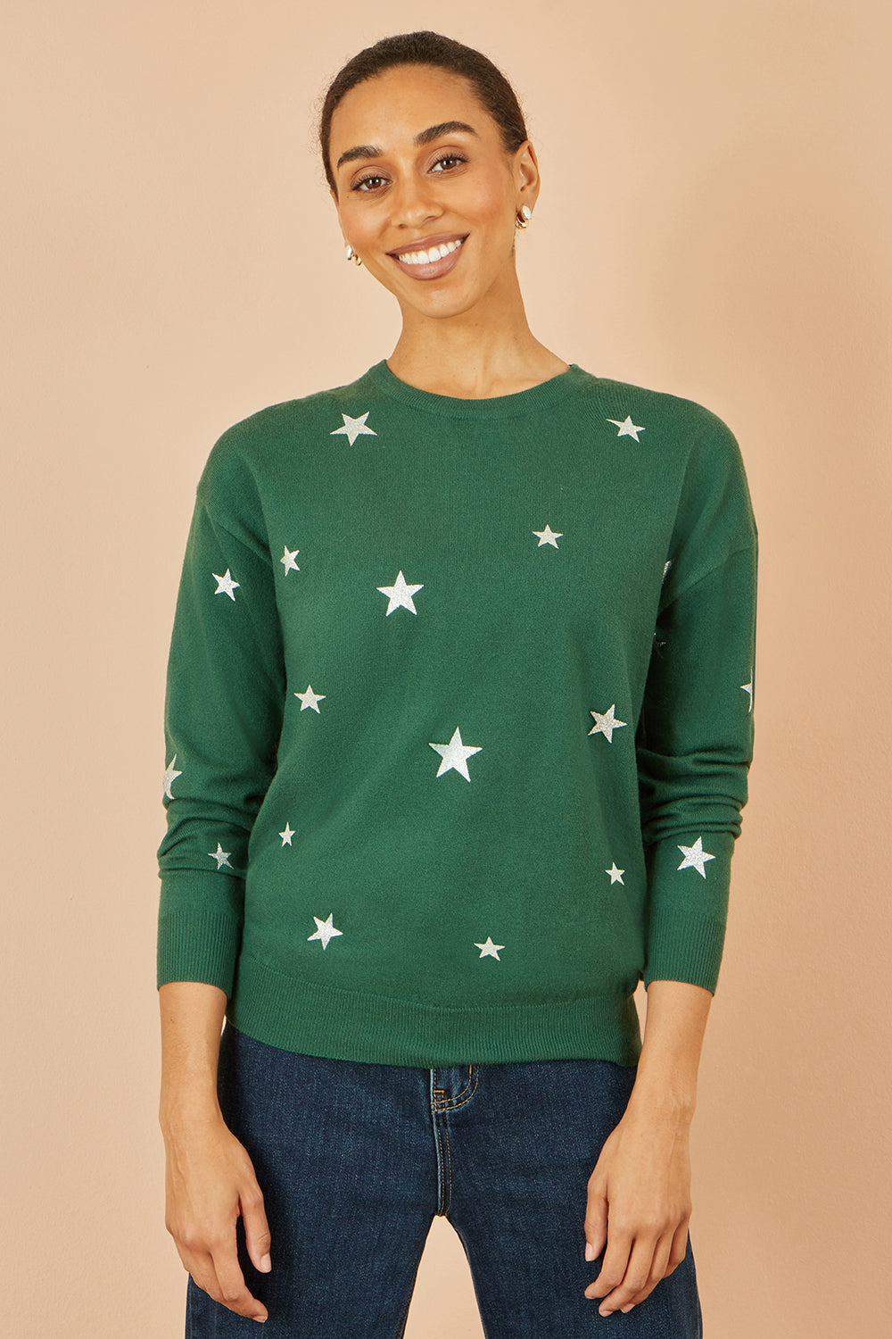 Yumi Green Gold Foil Star Print Relaxed Fit Jumper Knit Xmas Jumper Yumi