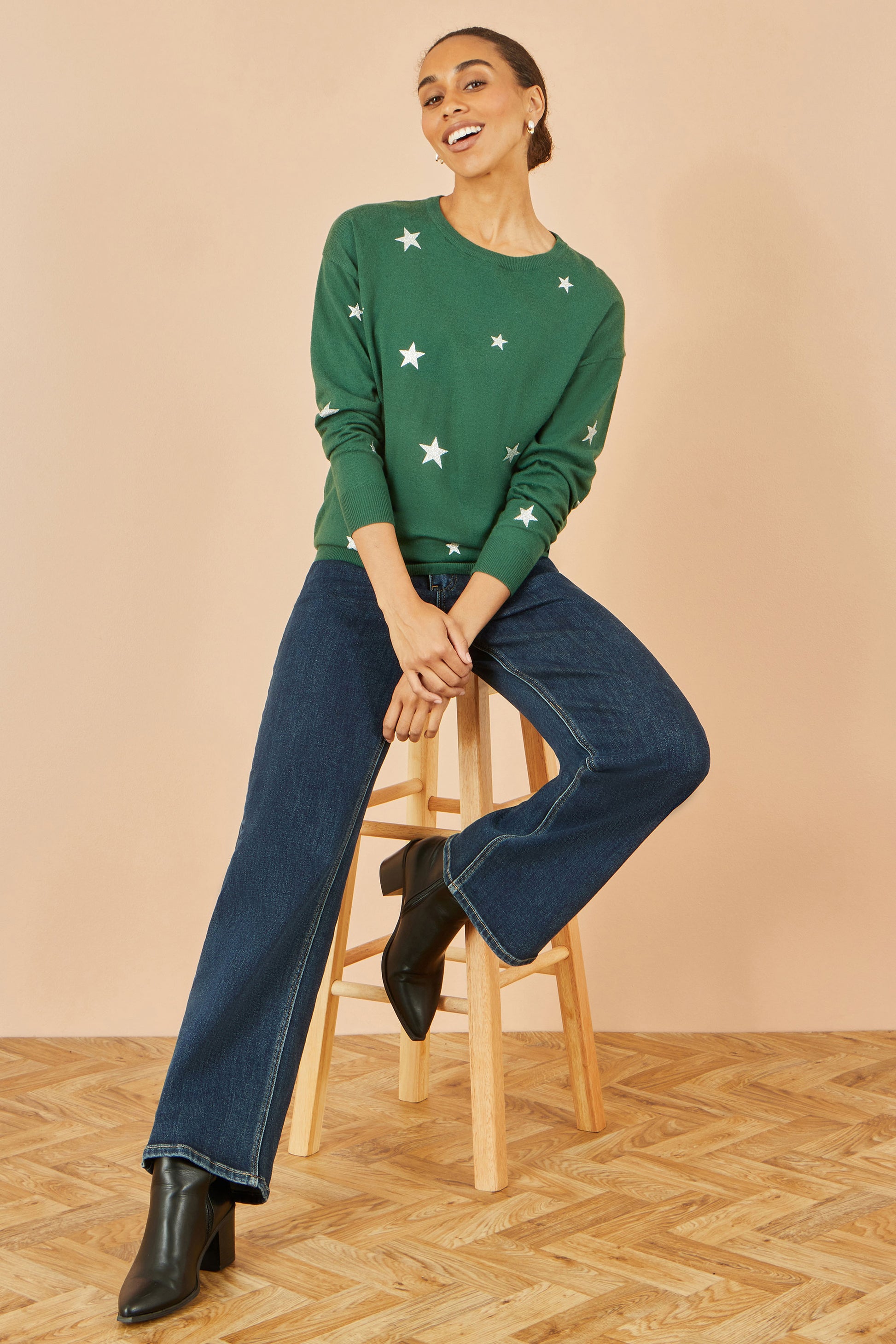 Yumi Green Gold Foil Star Print Relaxed Fit Jumper Knit Xmas Jumper Yumi