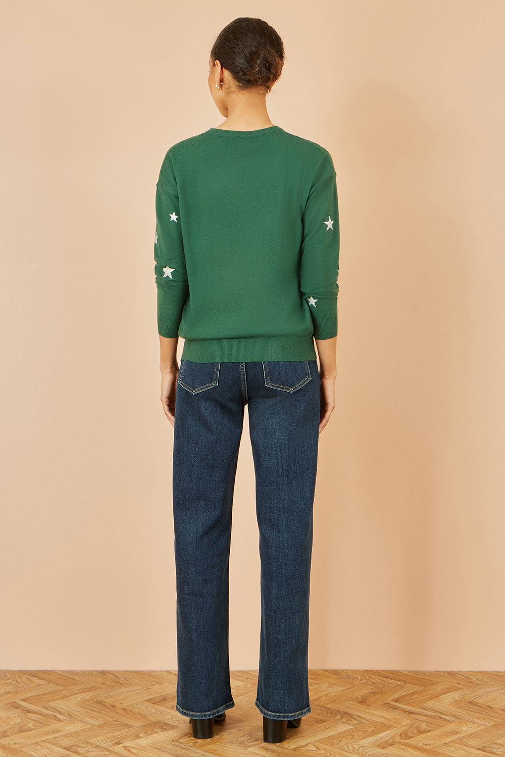 Yumi Green Gold Foil Star Print Relaxed Fit Jumper Knit Xmas Jumper Yumi