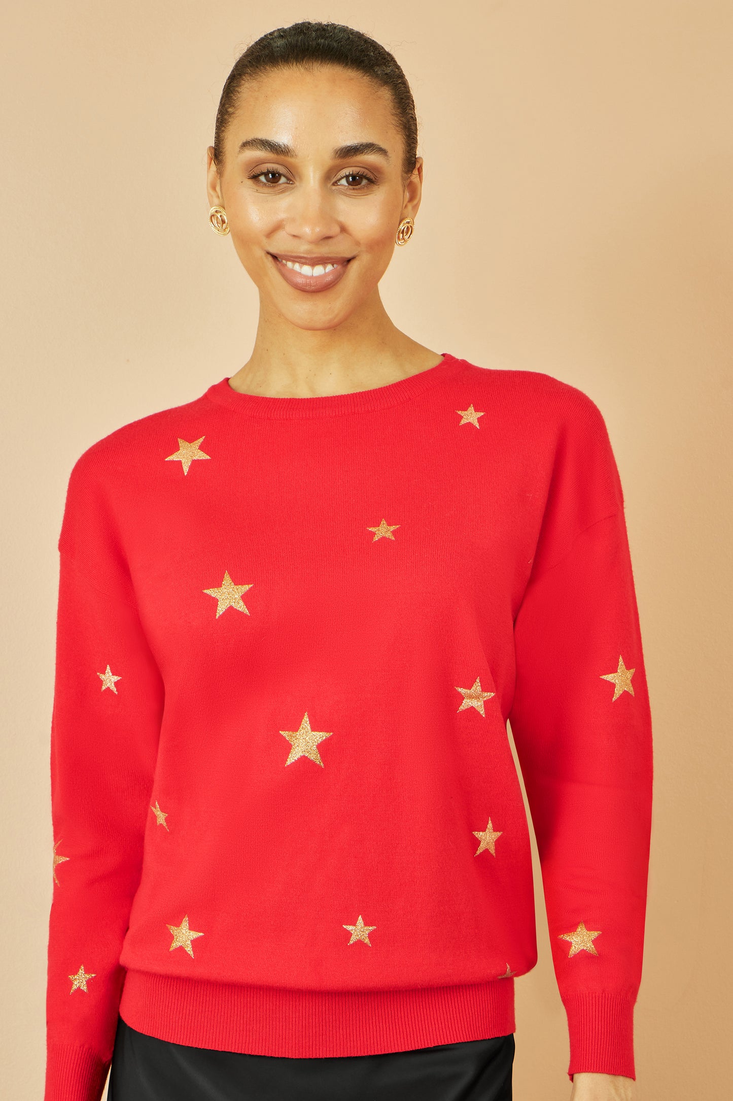 Yumi Red Gold Foil Star Print Relaxed Fit Jumper Knit Xmas Jumper Yumi