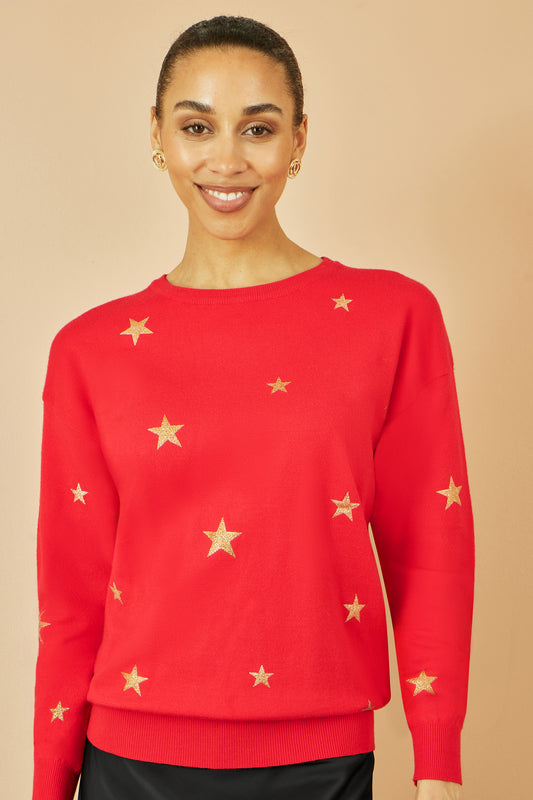 Yumi Red Gold Foil Star Print Relaxed Fit Jumper Knit Xmas Jumper Yumi