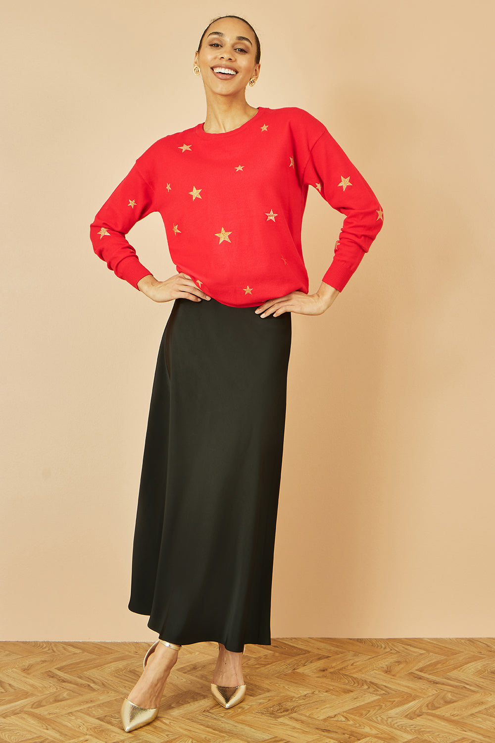 Yumi Red Gold Foil Star Print Relaxed Fit Jumper Knit Xmas Jumper Yumi