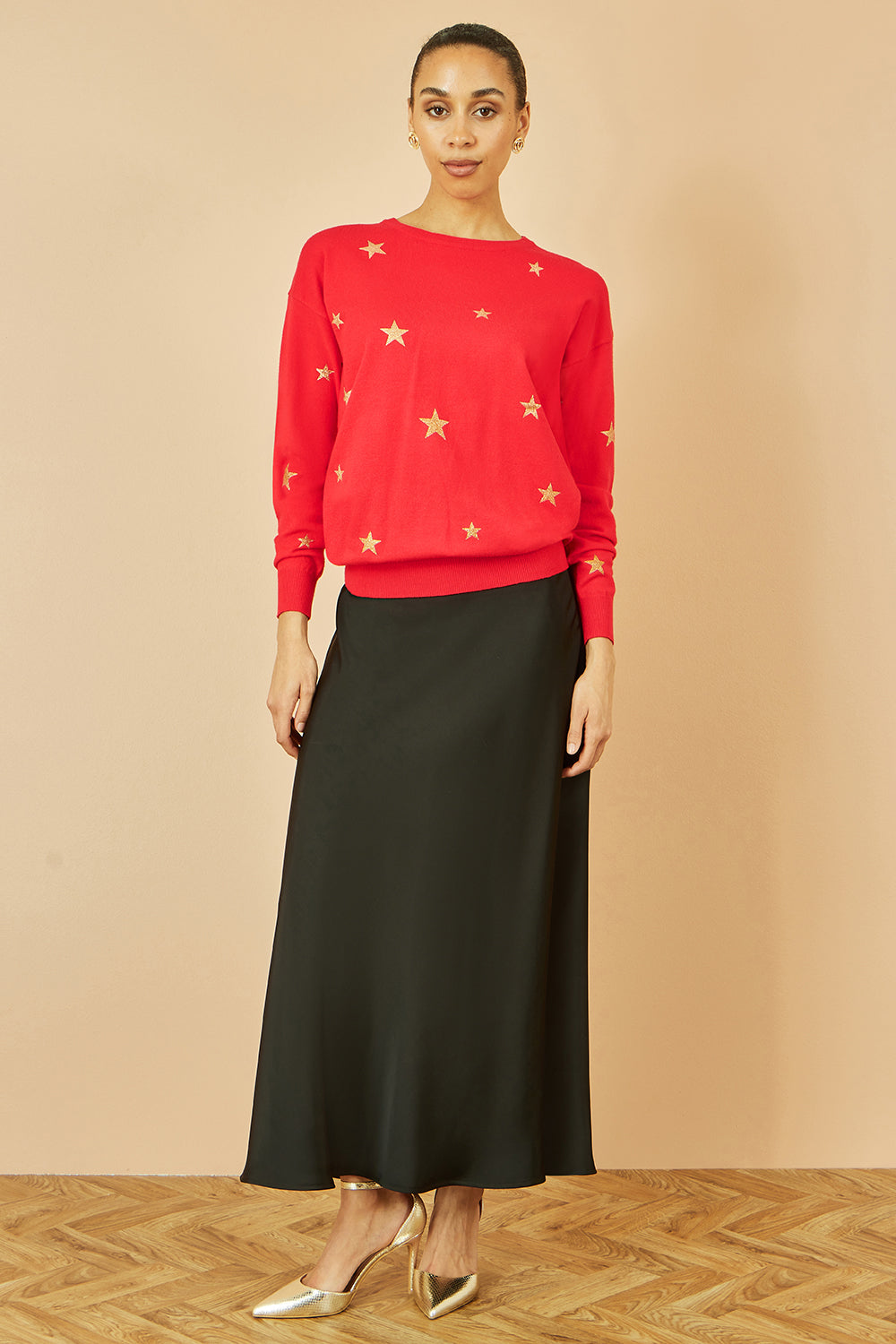 Yumi Red Gold Foil Star Print Relaxed Fit Jumper Knit Xmas Jumper Yumi