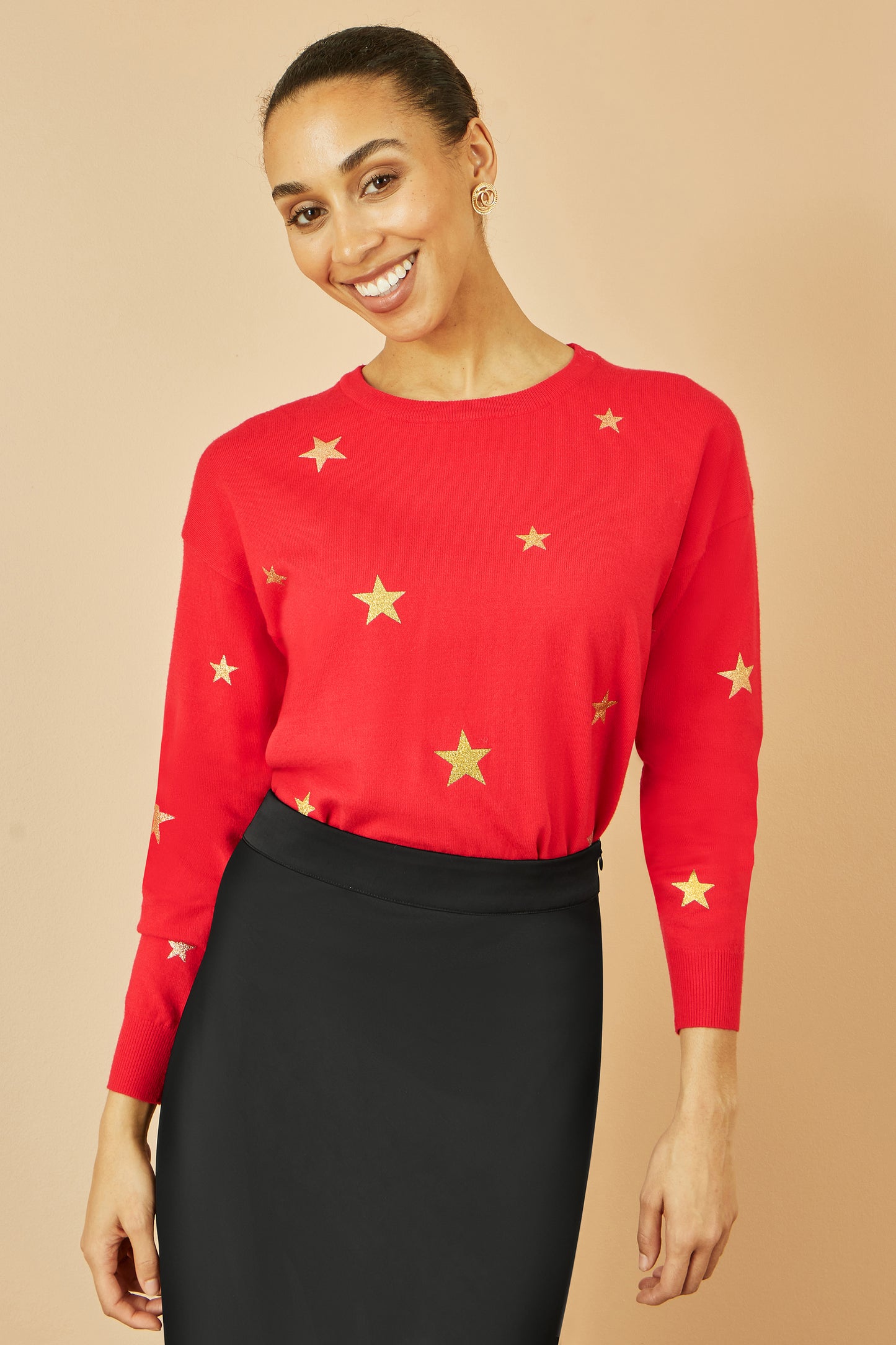 Yumi Red Gold Foil Star Print Relaxed Fit Jumper Knit Xmas Jumper Yumi