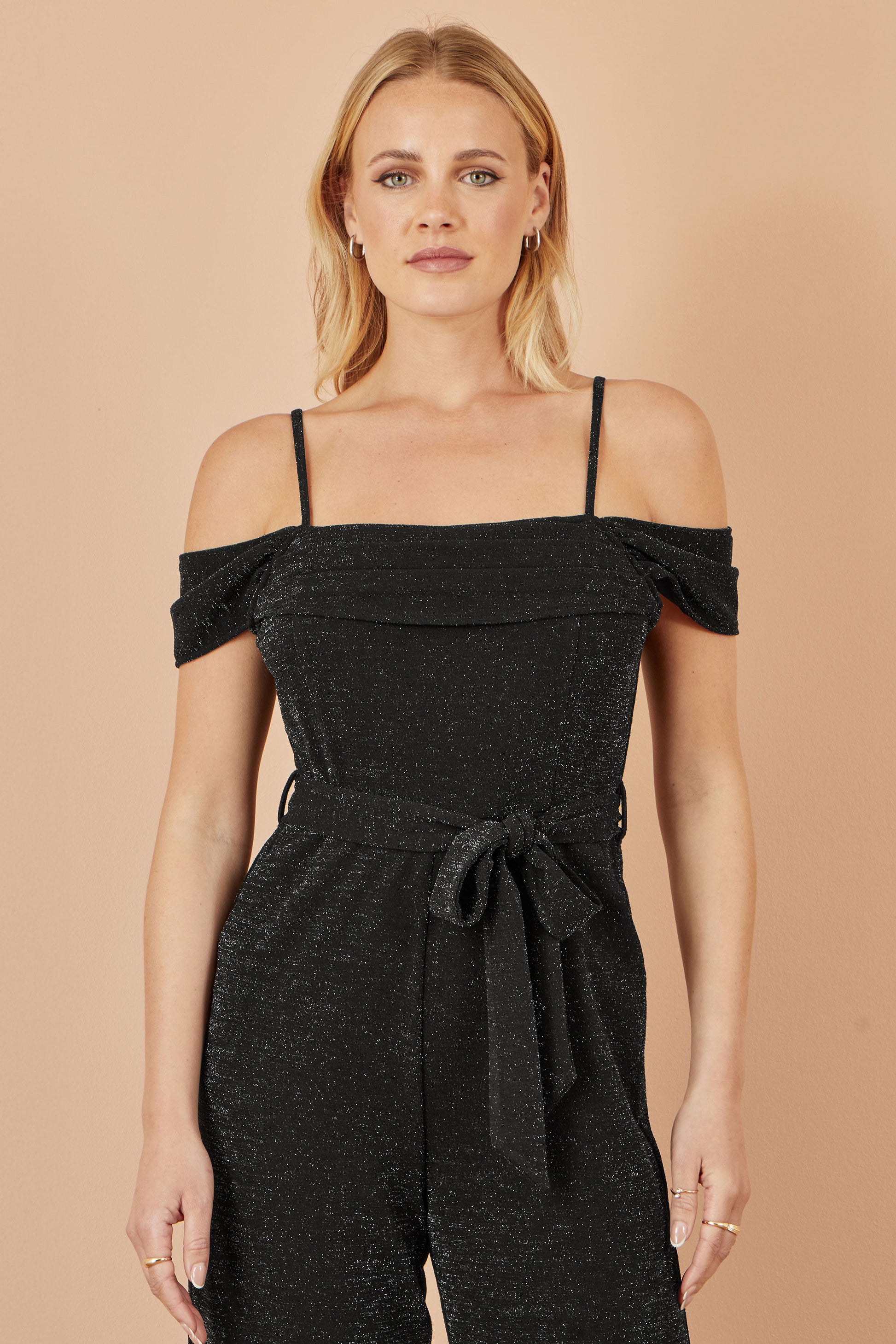 Yumi Black Sparkle Stretch Bardot Jumpsuit JUMPSUIT Yumi