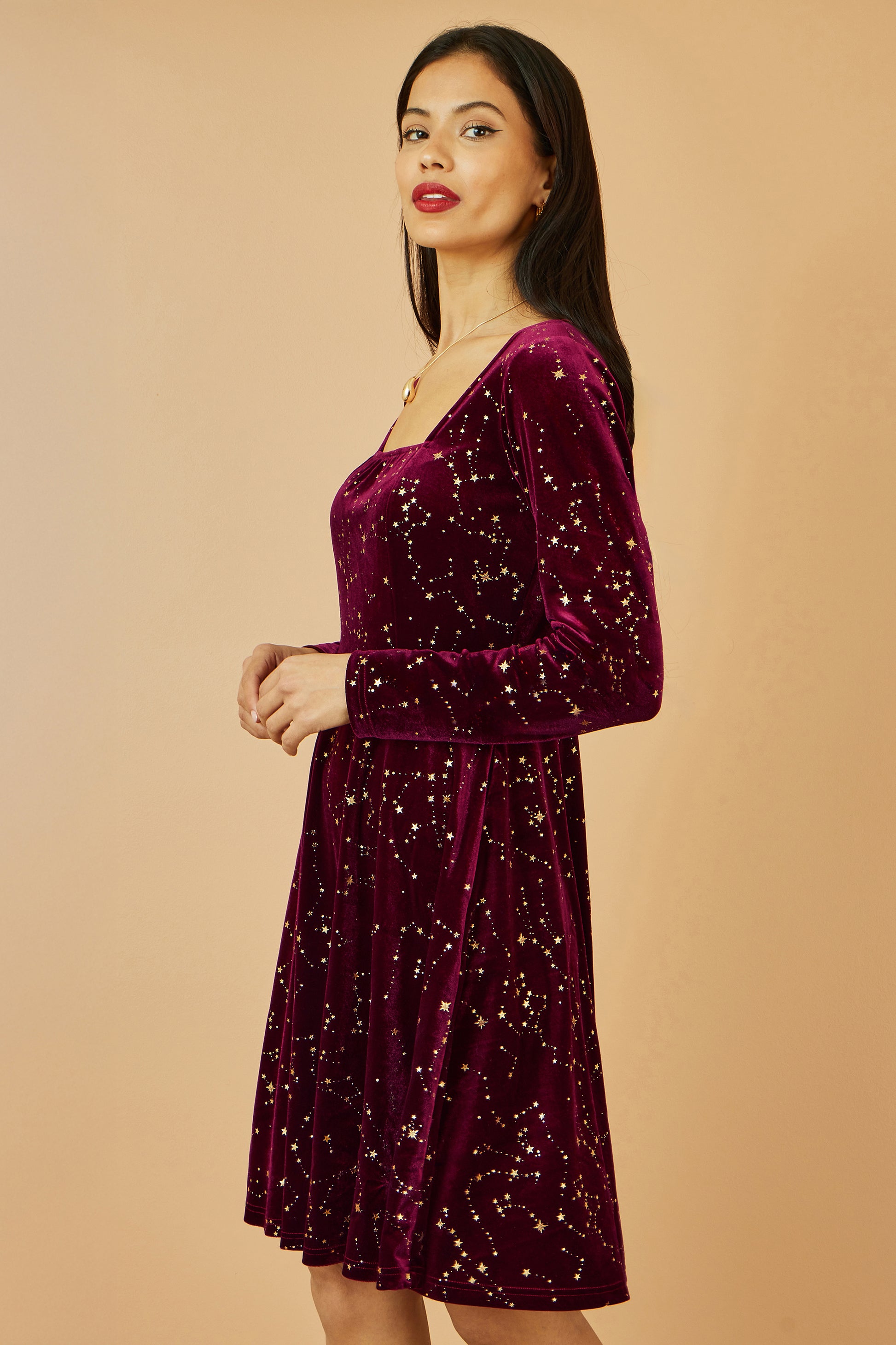 Yumi Burgundy Star Foil Print Long Sleeve Skater Dress DRES Party Yumi