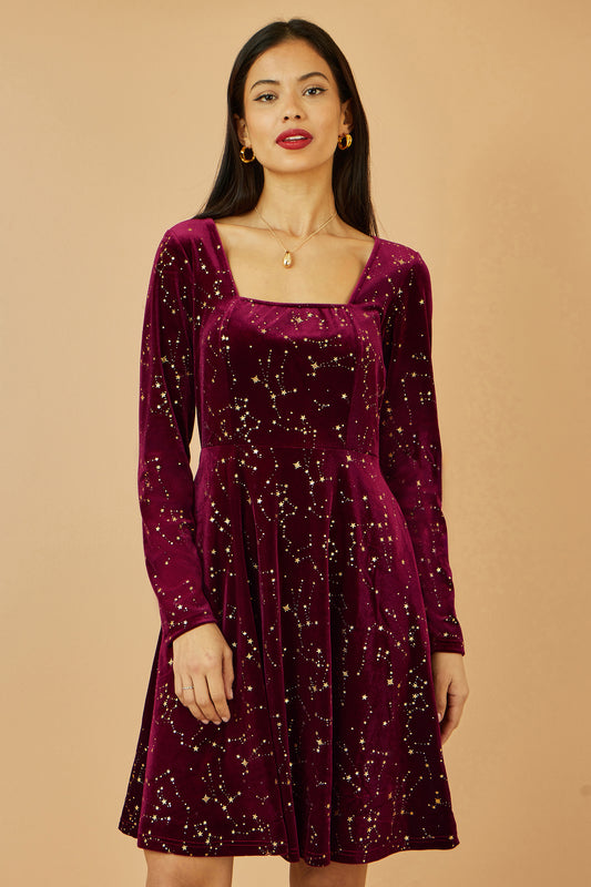 Yumi Burgundy Star Foil Print Long Sleeve Skater Dress DRES Party Yumi