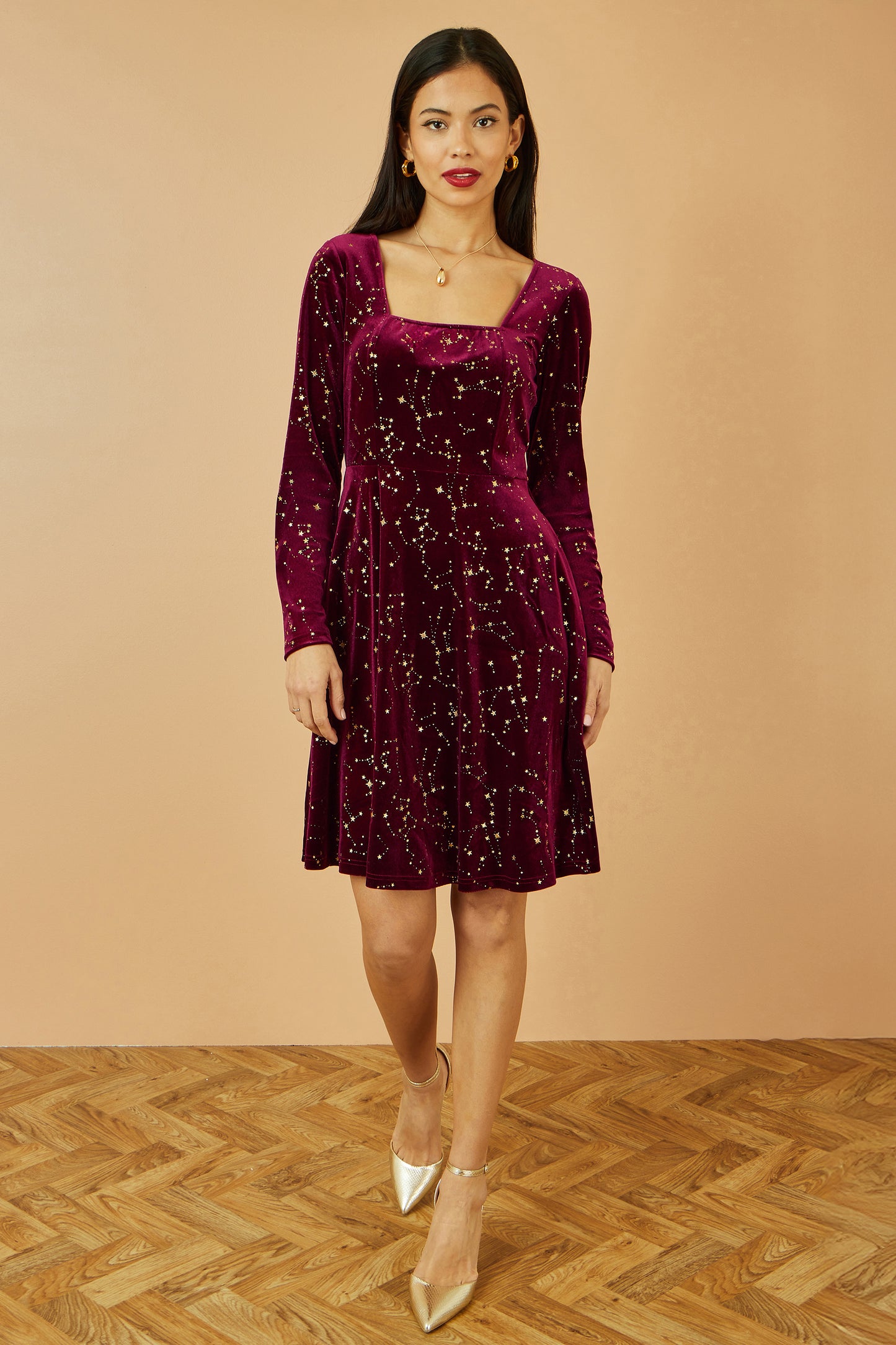 Yumi Burgundy Star Foil Print Long Sleeve Skater Dress DRES Party Yumi