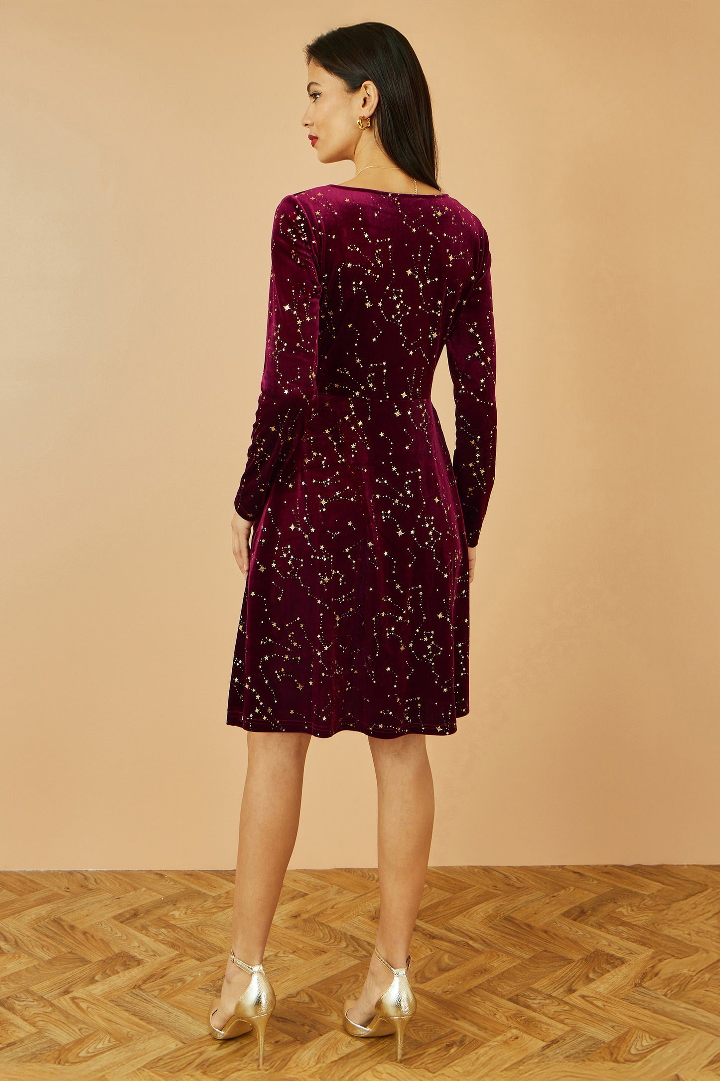 Yumi Burgundy Star Foil Print Long Sleeve Skater Dress DRES Party Yumi