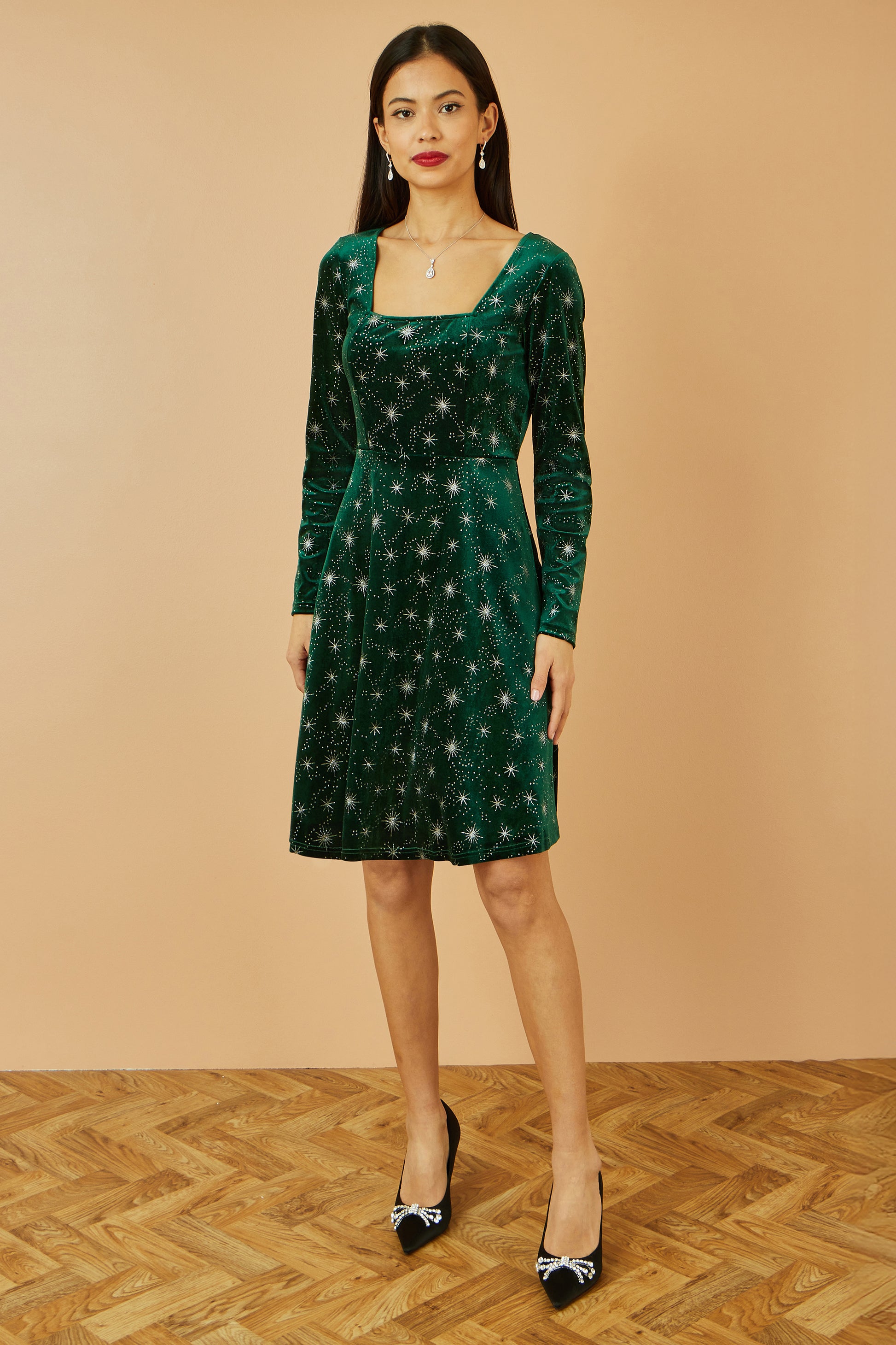 Yumi Green Starburst Foil Print Long Sleeve Skater Dress DRES Party Yumi