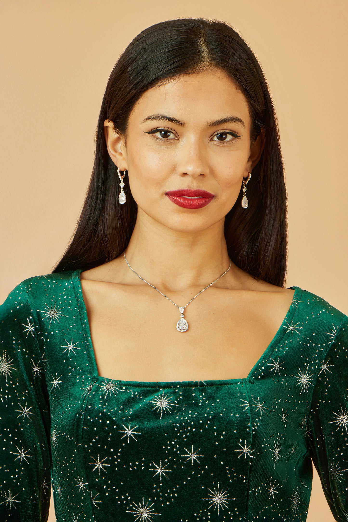 Yumi Green Starburst Foil Print Long Sleeve Skater Dress DRES Party Yumi