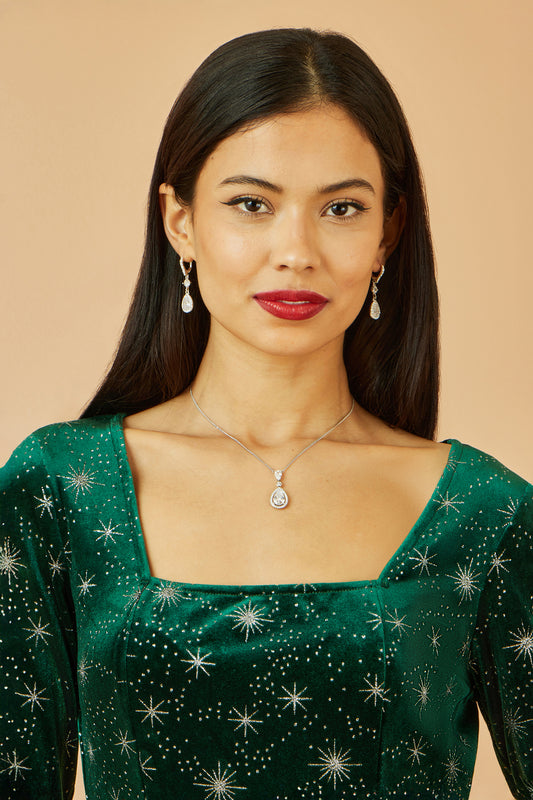 Yumi Green Starburst Foil Print Long Sleeve Skater Dress DRES Party Yumi