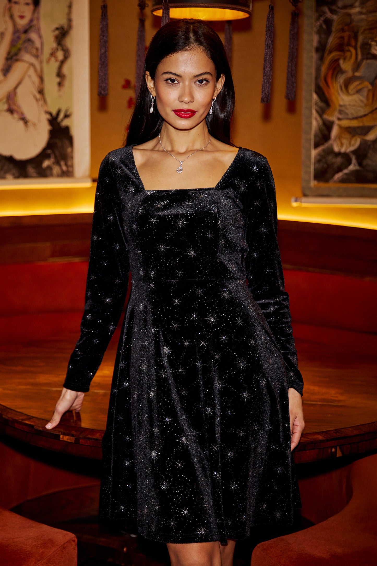 Yumi Black Starburst Foil Print Long Sleeve Skater Dress DRES Party Yumi