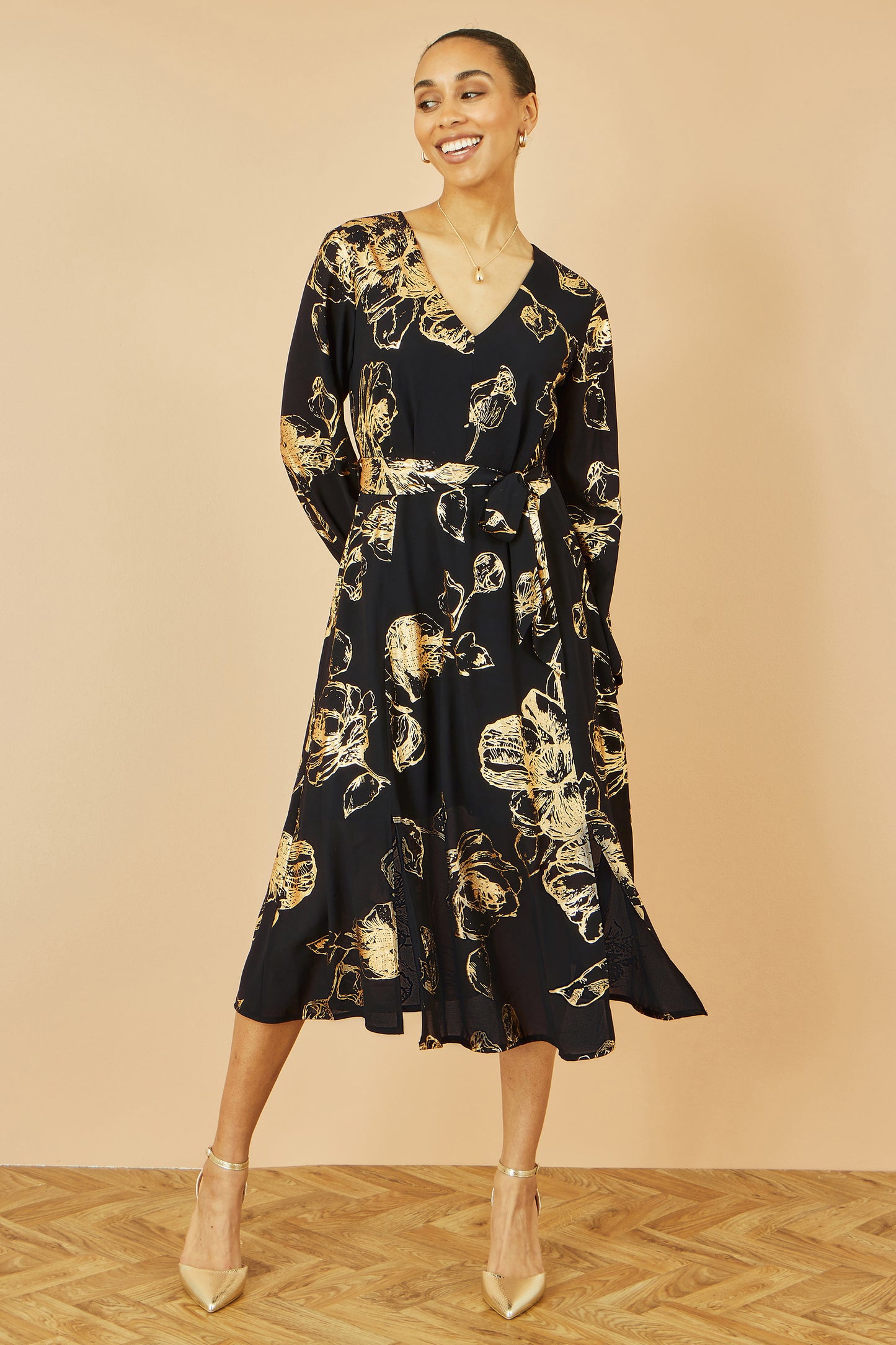 Yumi Black Foil Rose Print Midi Dress DRES Party Yumi