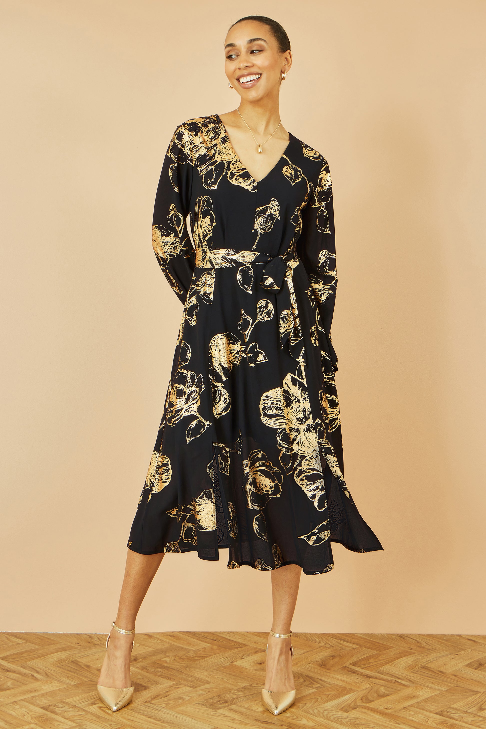 Yumi Black Foil Rose Print Midi Dress DRES Party Yumi