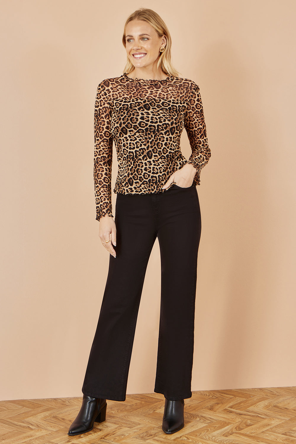 Yumi Brown Leopard Print Mesh Stretch Fitted Top Tops Yumi