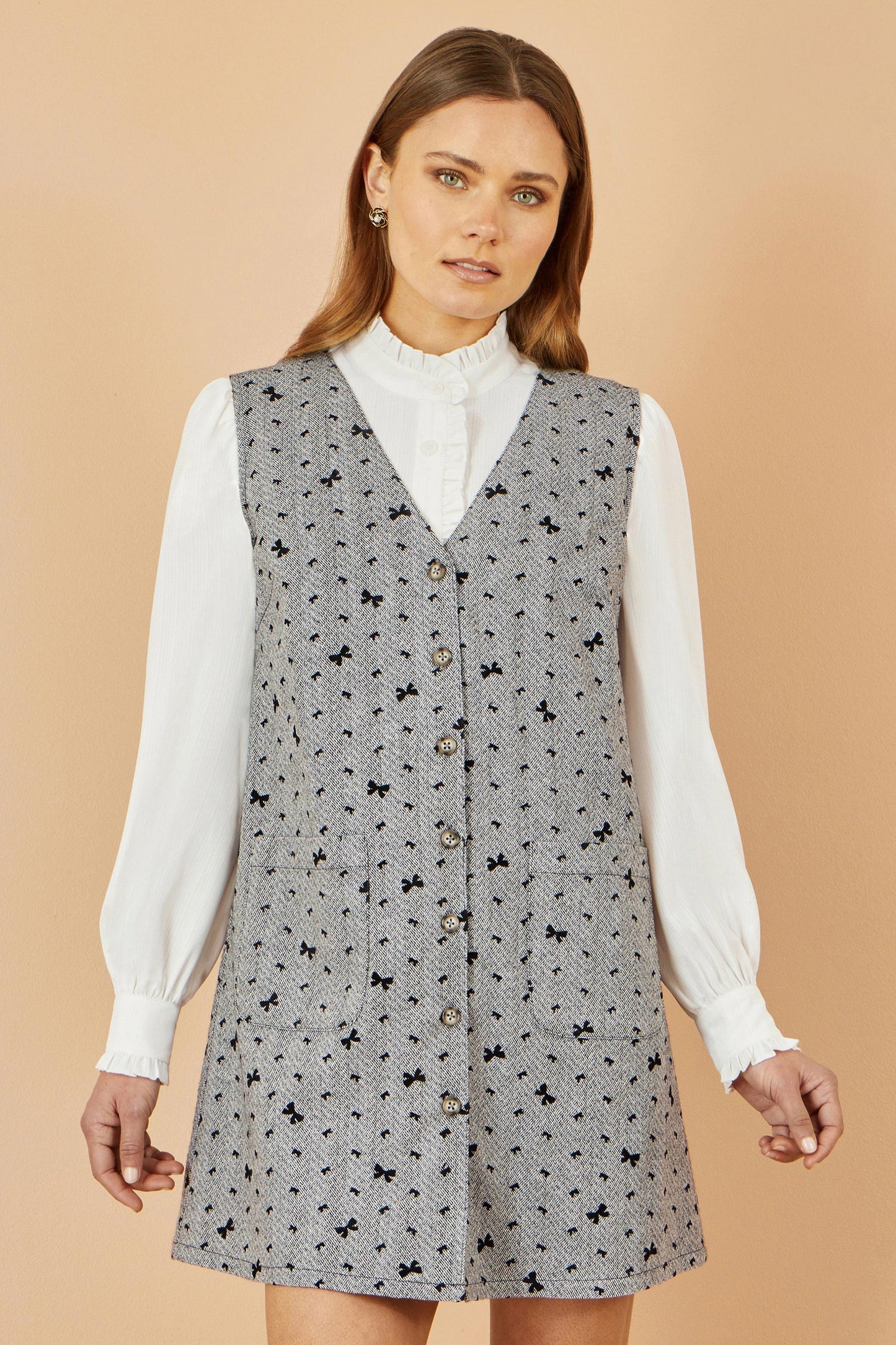 Yumi Grey Bow Print Pinafore Dress With Button Up Dress Casual Yumi