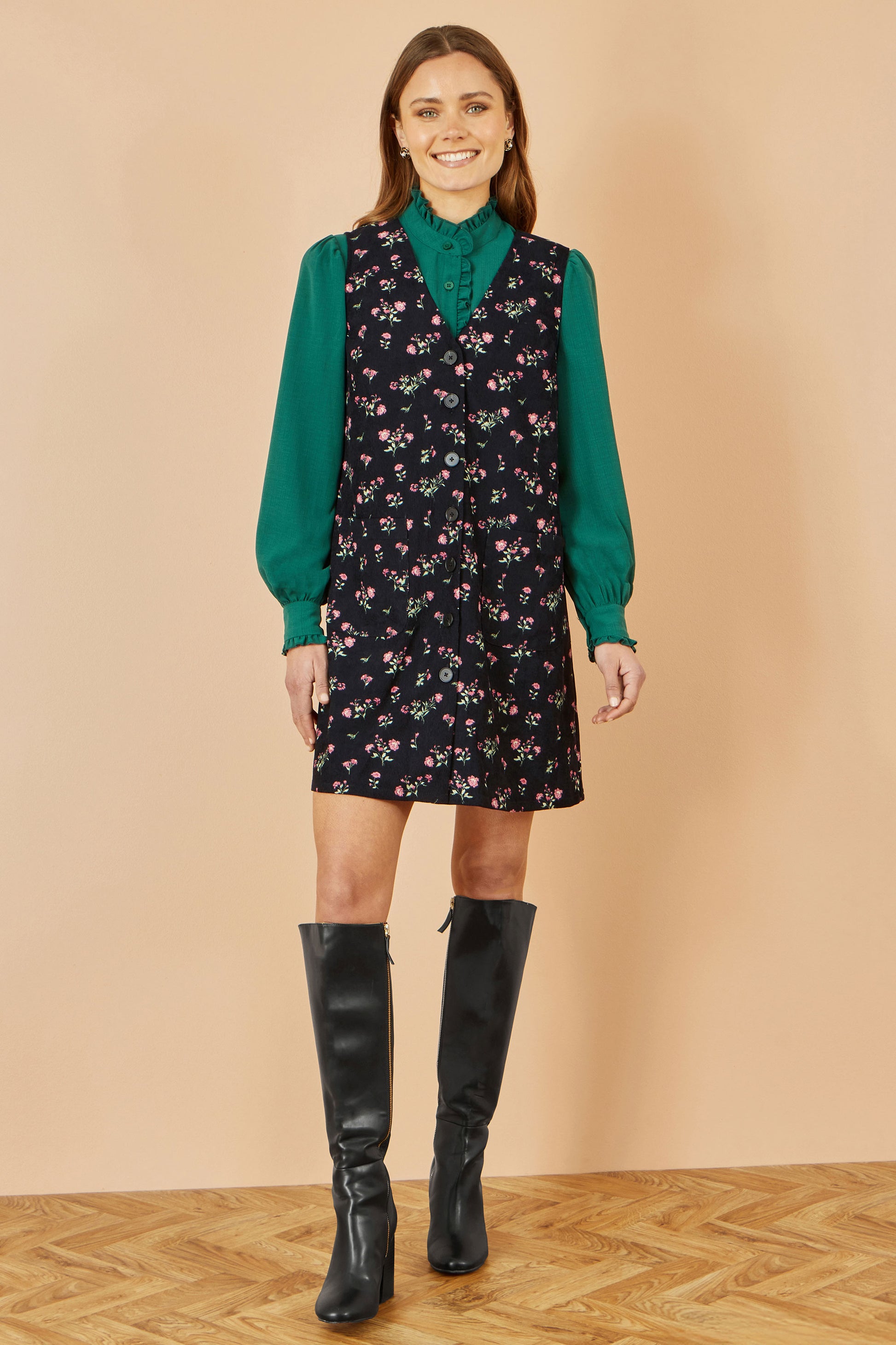 Yumi Black Floral Print Pinafore Dress With Button Up Dress Casual Yumi