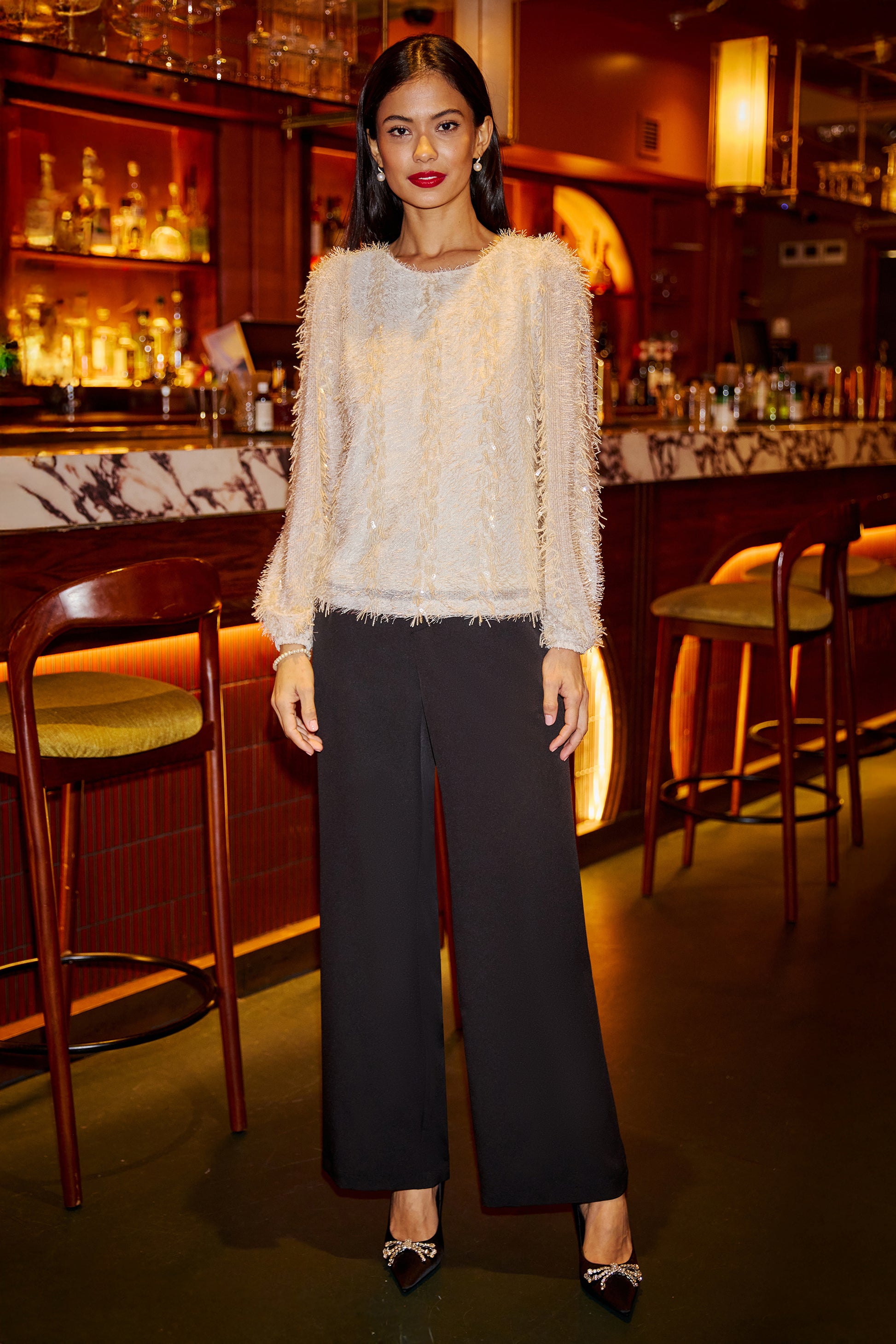 Yumi Ivory Hanging Sequin Long Sleeve Top Top Yumi