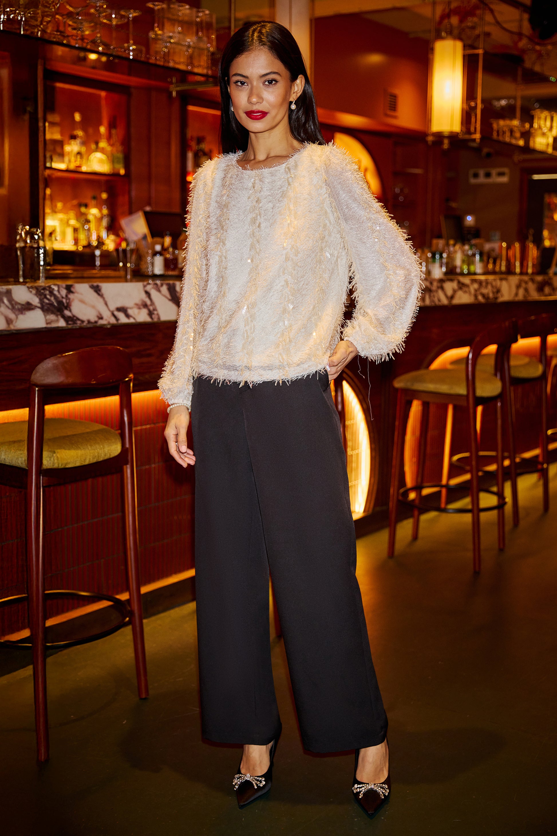 Yumi Ivory Hanging Sequin Long Sleeve Top Top Yumi