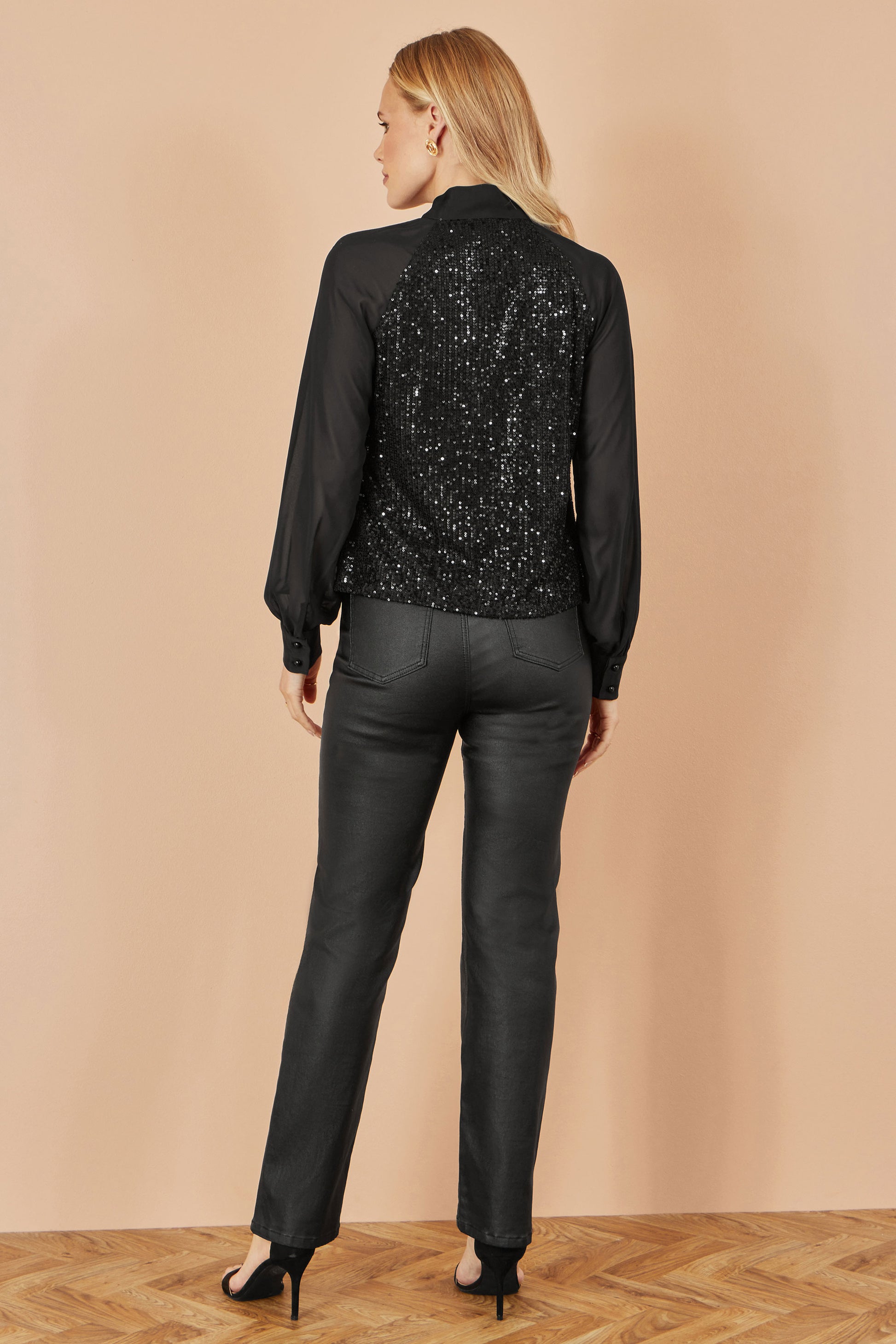 Yumi Black Sequin Pussy Bow Top Top Yumi