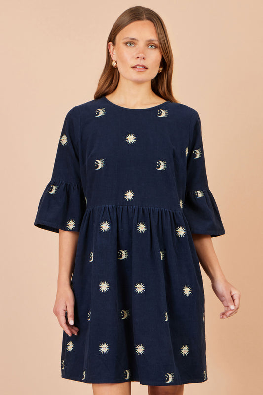 Yumi Navy Cosmic Embroidered Cord Tunic Dress Casual Yumi