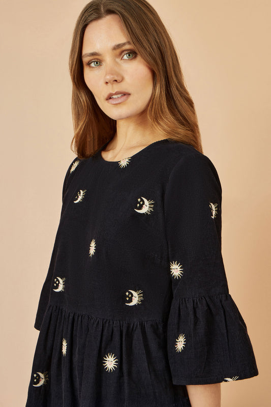 Yumi Black Cosmic Embroidery Cord Tunic Dress Dress Casual Yumi
