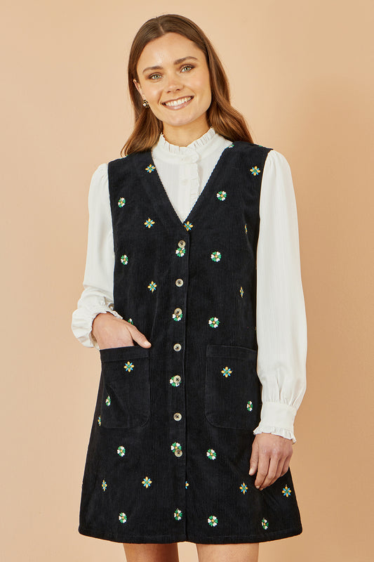 Yumi Black Flower Embroidered Button Up Pinafore Dress Dress Casual Yumi