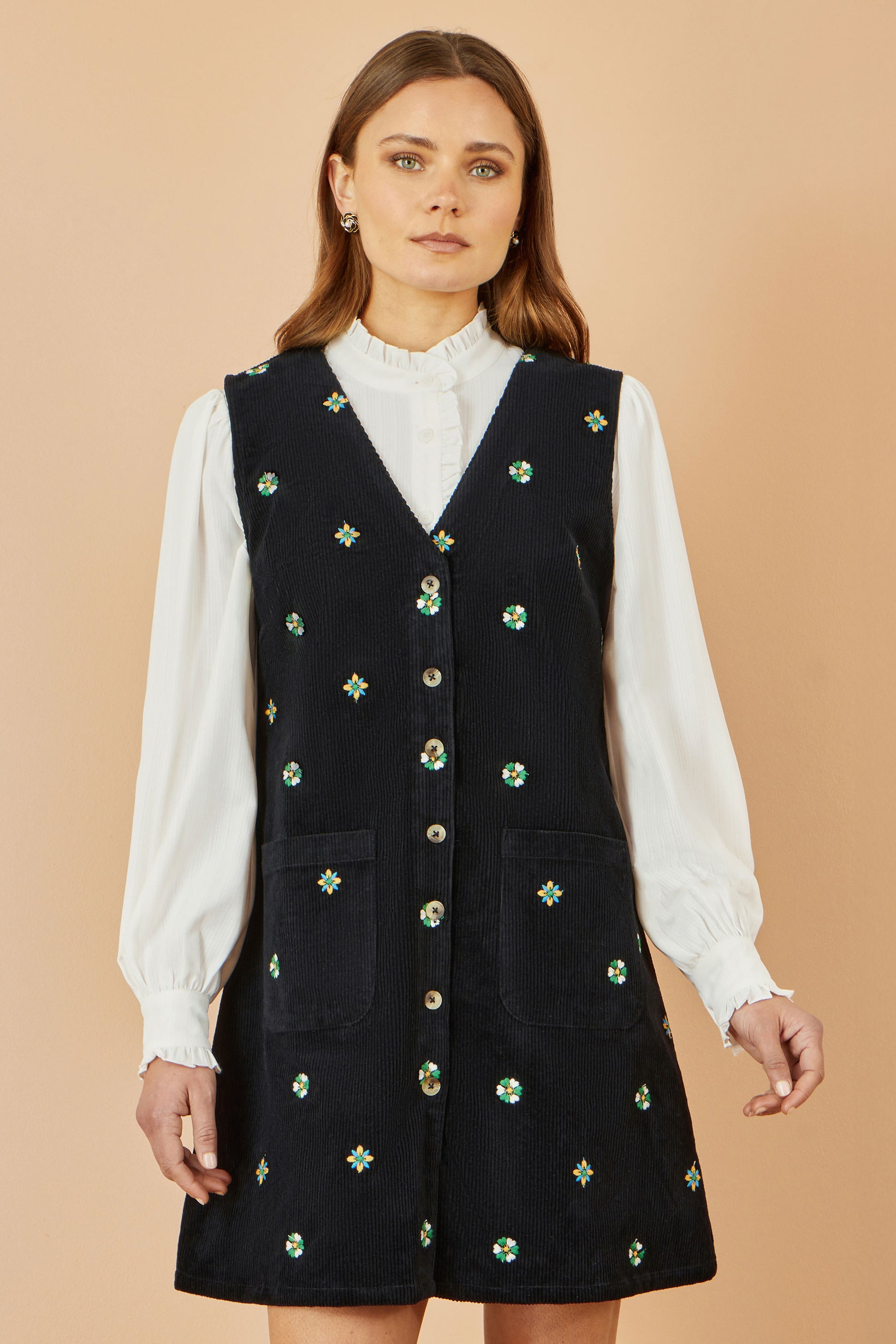 Yumi Black Flower Embroidered Button Up Pinafore Dress Dress Casual Yumi