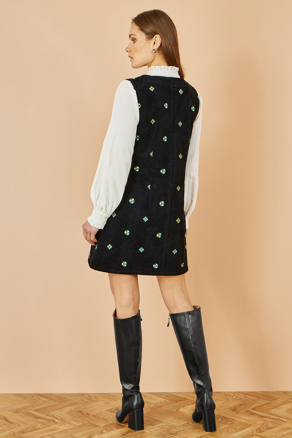 Yumi Black Flower Embroidered Button Up Pinafore Dress Dress Casual Yumi