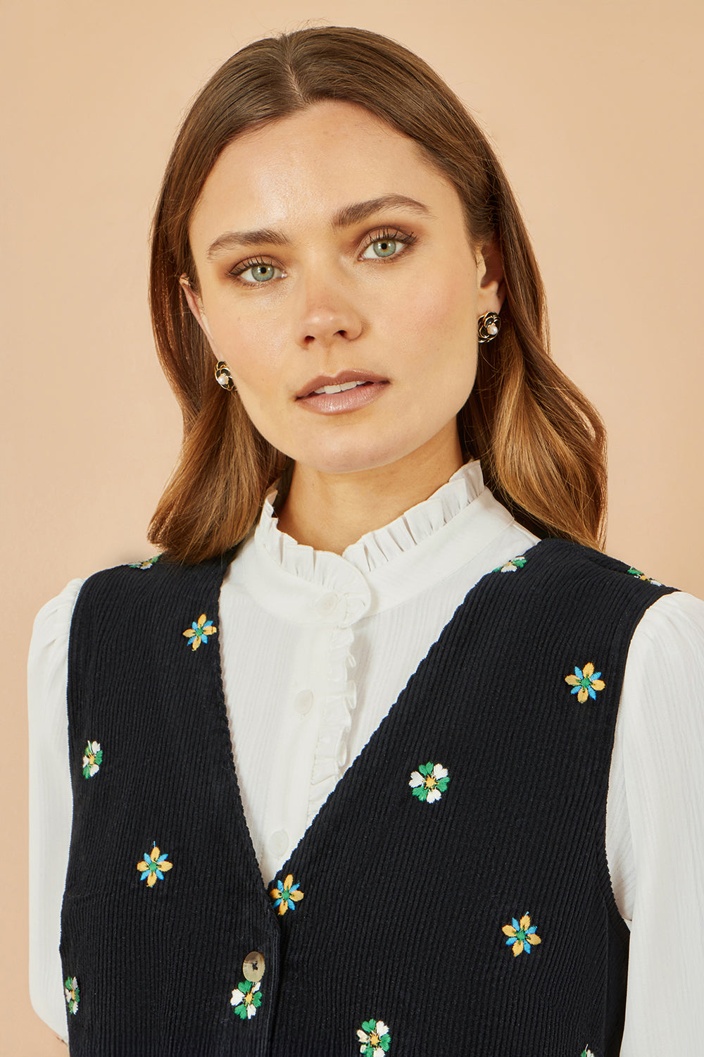 Yumi Black Flower Embroidered Button Up Pinafore Dress | Yumi