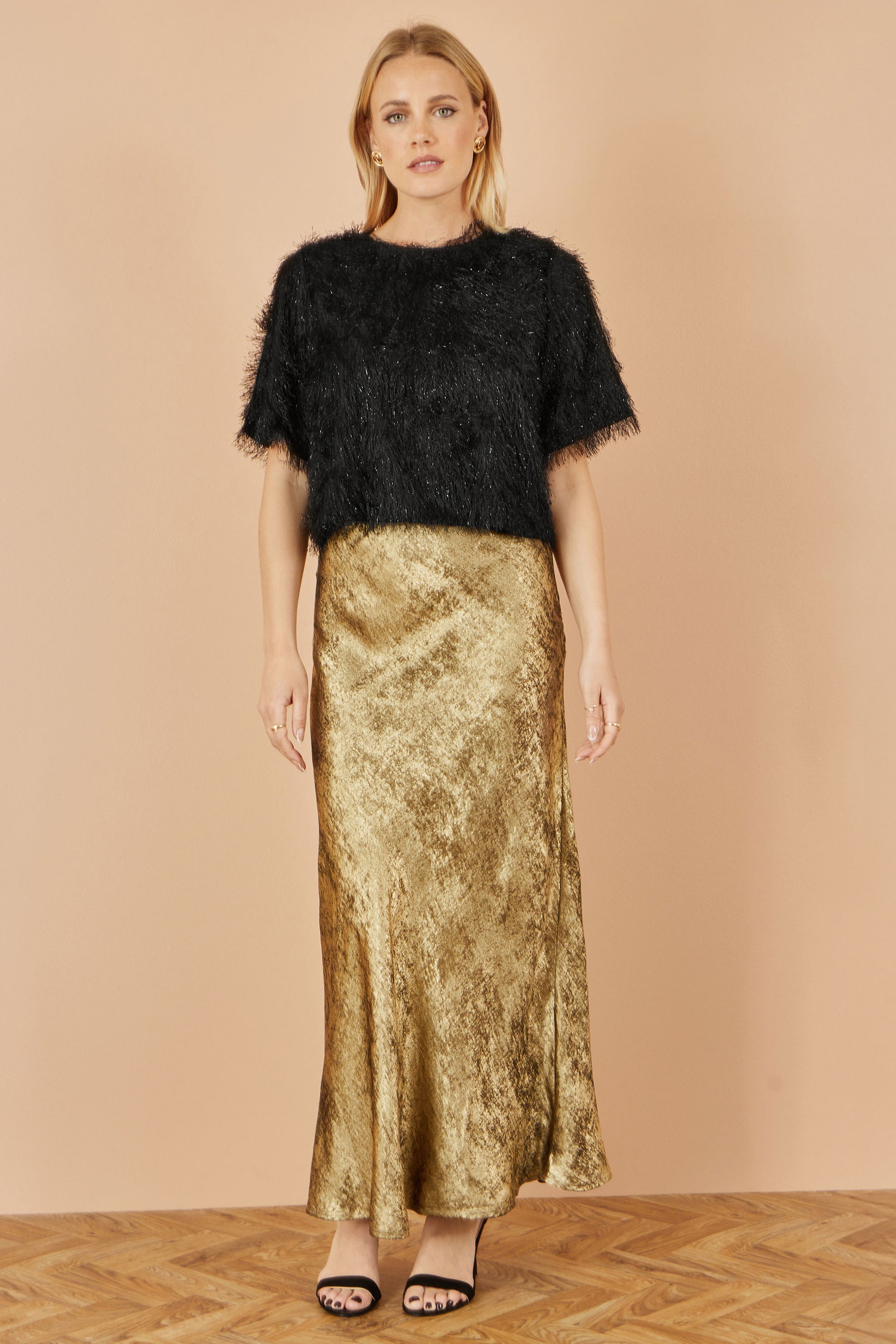 Yumi Gold Satin Midi Skirt Skirts Yumi
