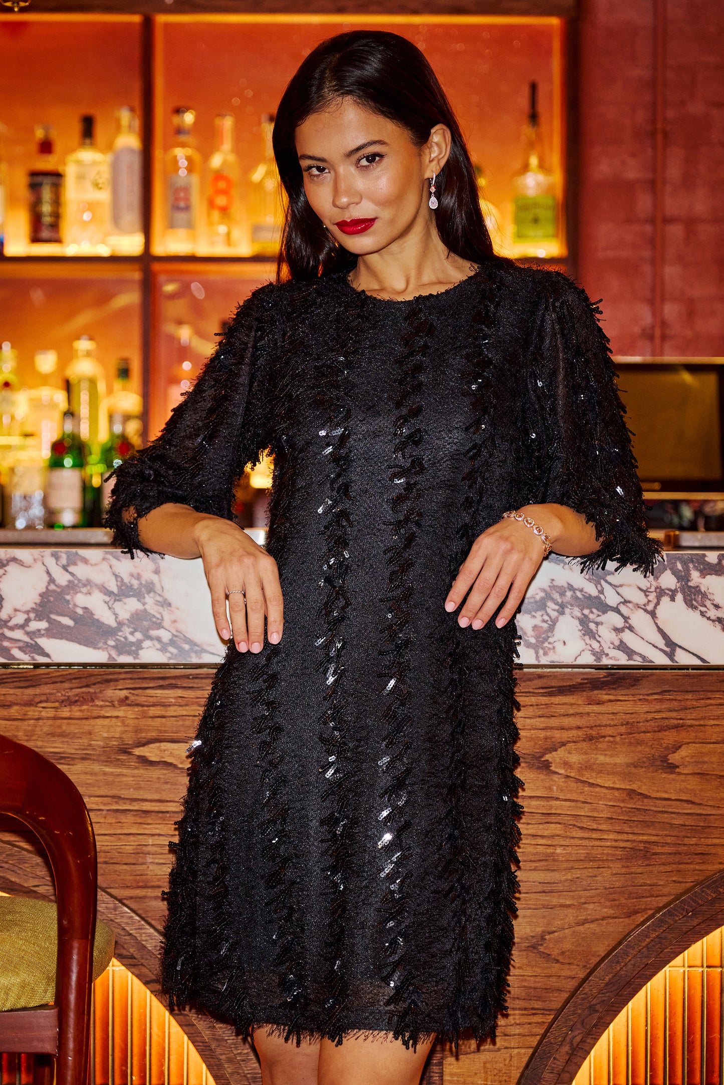 Yumi Black Hanging Sequin Tunic With Balloon Sleeves Dress Party Yumi