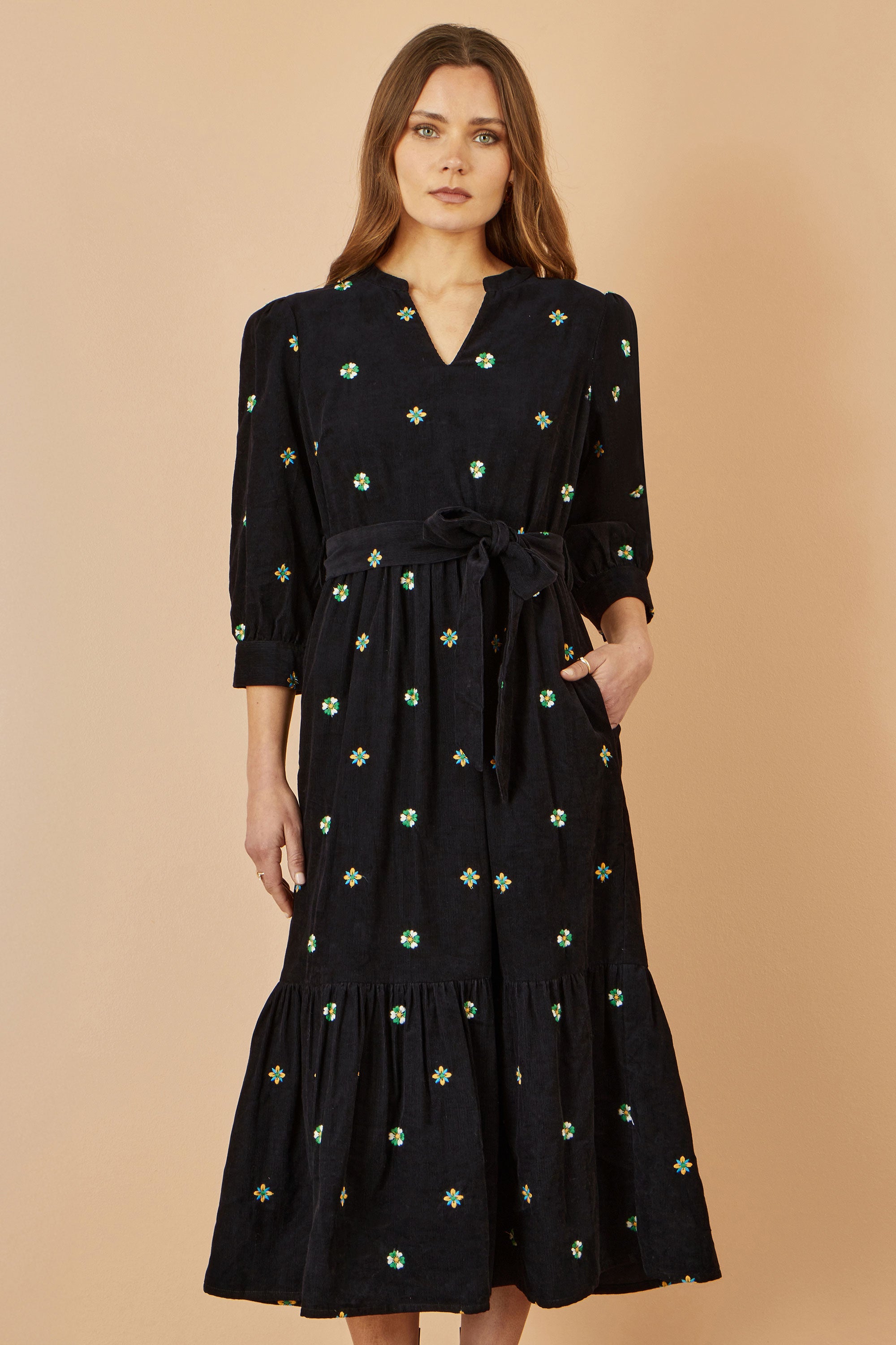 Yumi Black Flower Embroidery Midi Cord Dress | Yumi