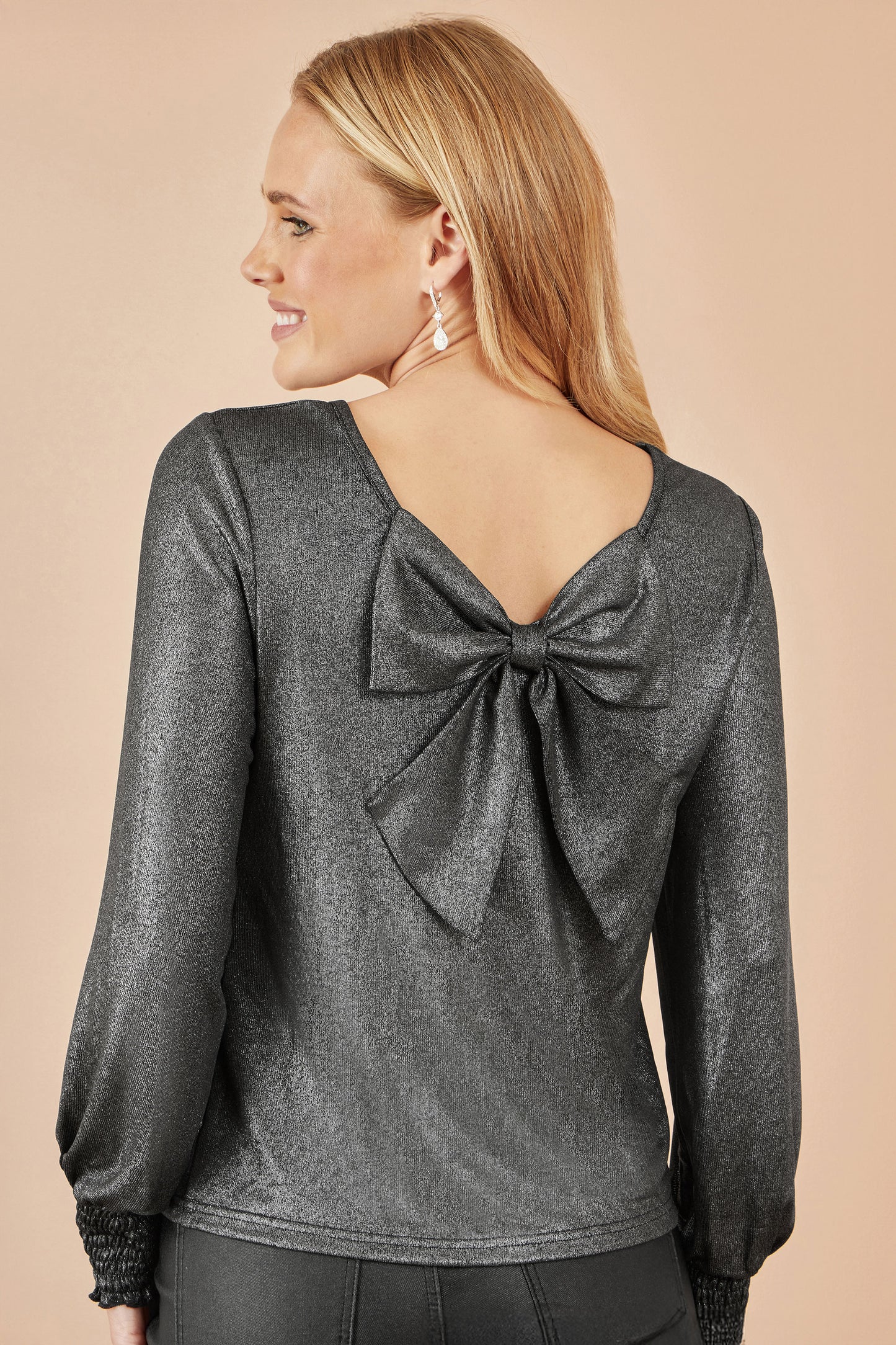 Yumi Black Metallic Bow Back Top Top Yumi