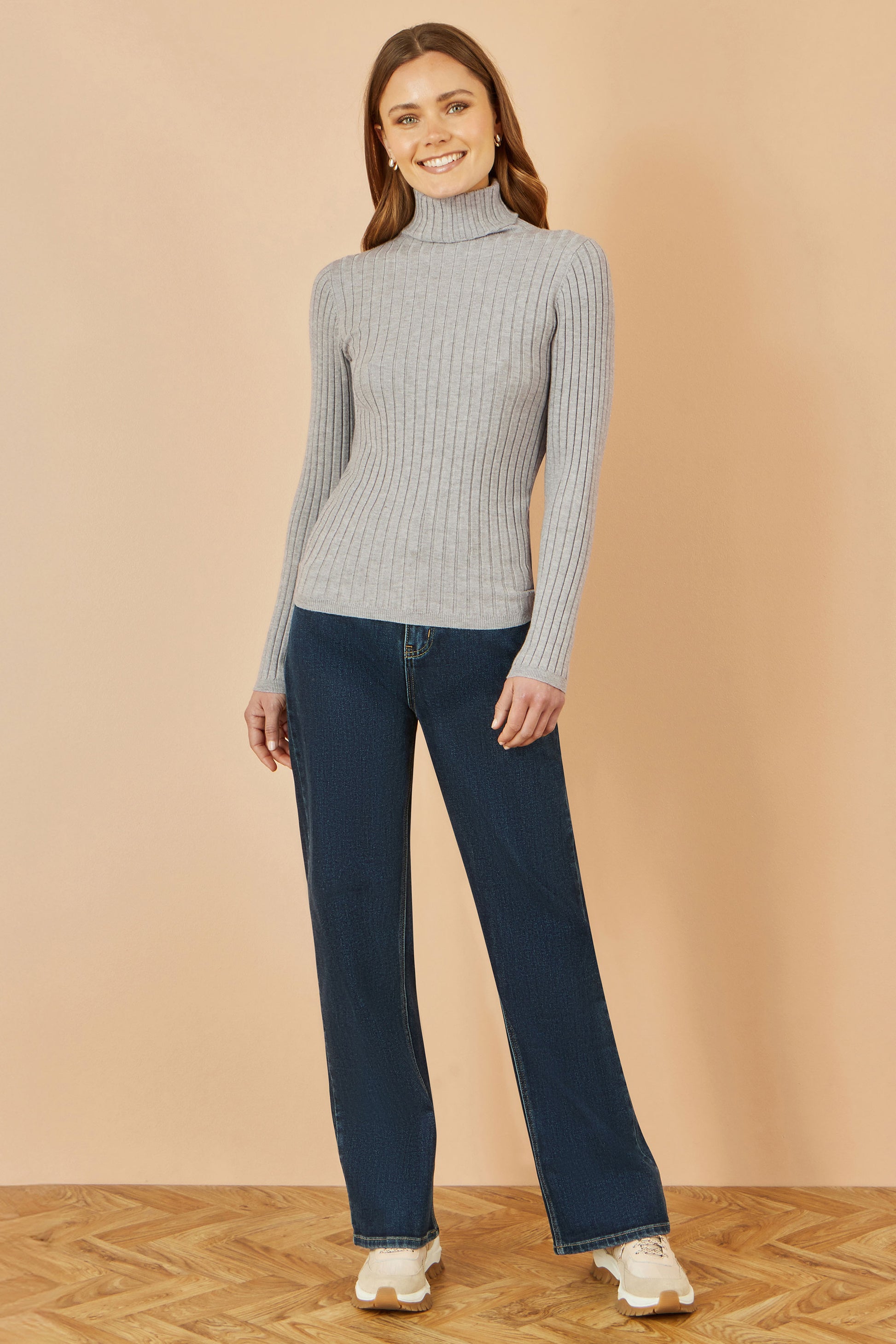 Yumi Grey Ribbed Knit Roll Neck Jumper Knit Jumper Yumi