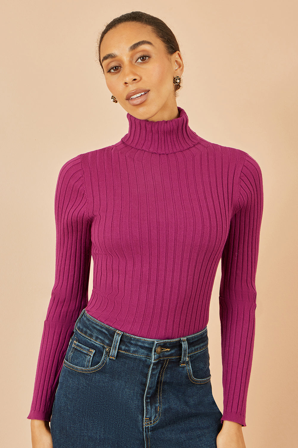 Yumi Plum Ribbed Knit Roll Neck Jumper Knit Jumper Yumi