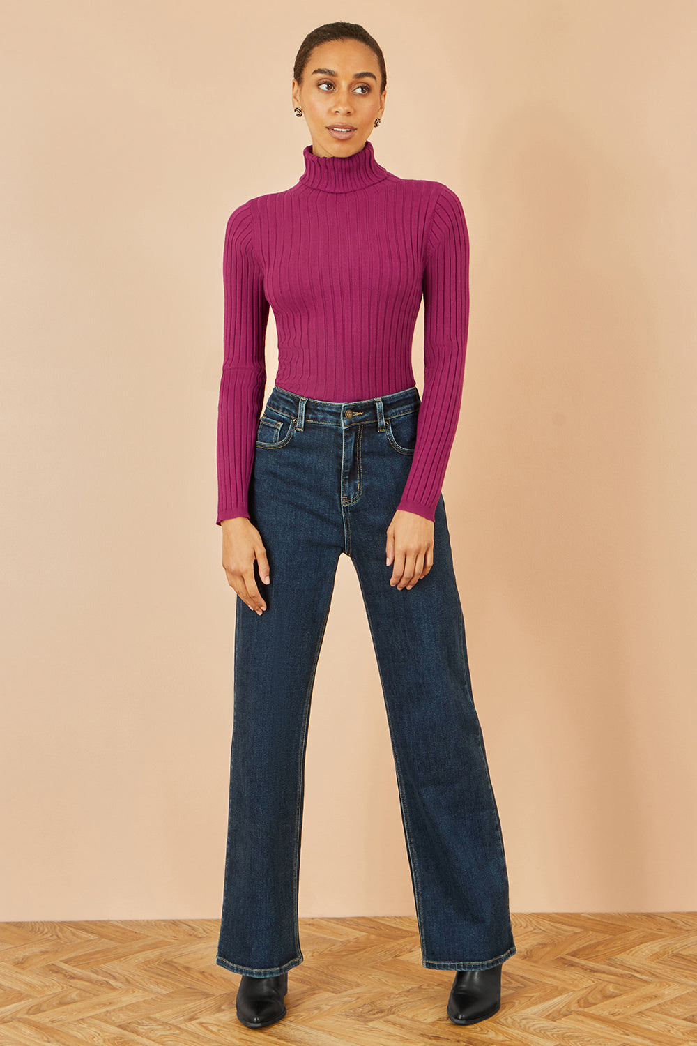 Yumi Plum Ribbed Knit Roll Neck Jumper Knit Jumper Yumi